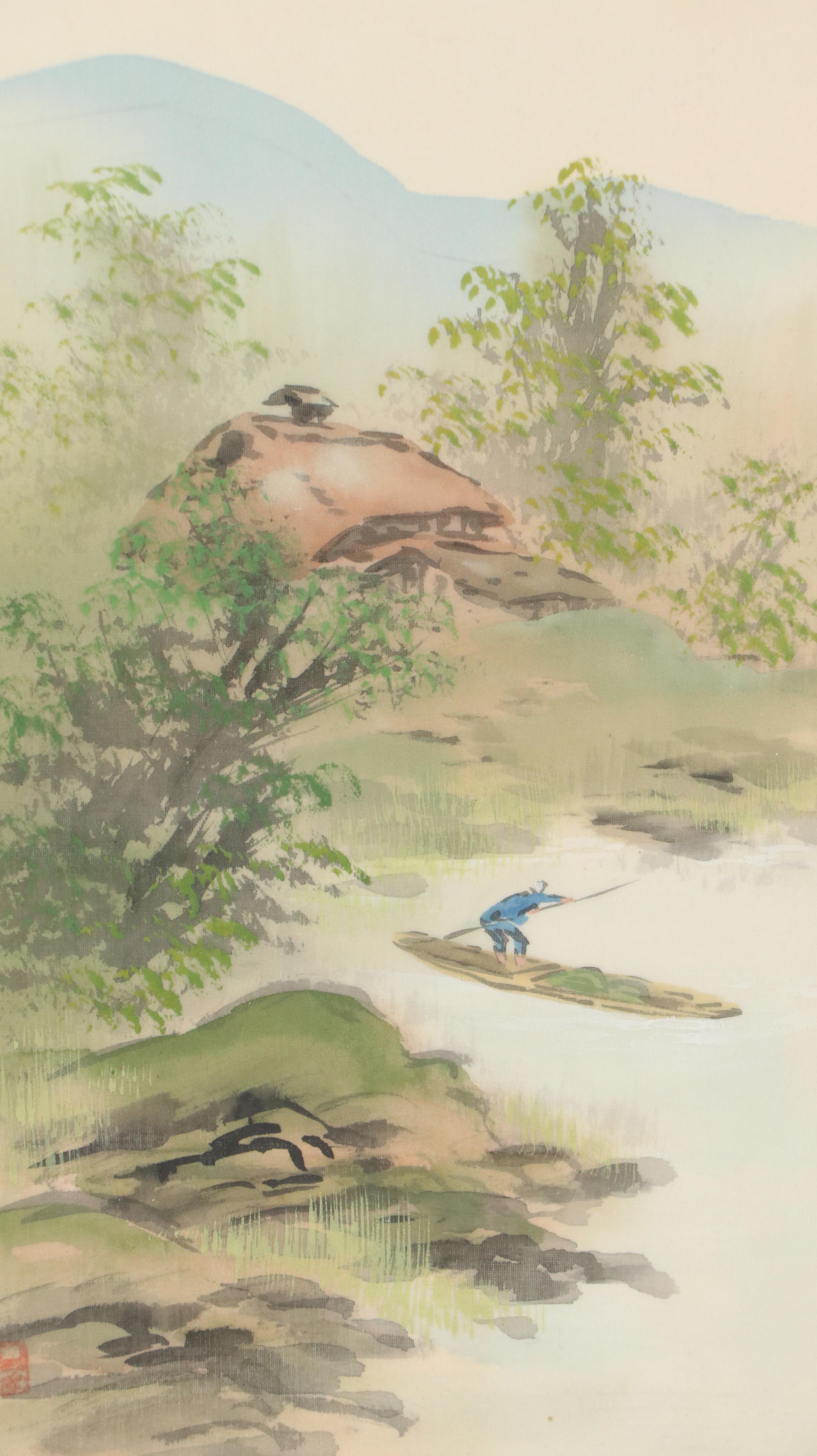 Chinese School Landscape Gouache Paintings of Riverside Home, 20th Century