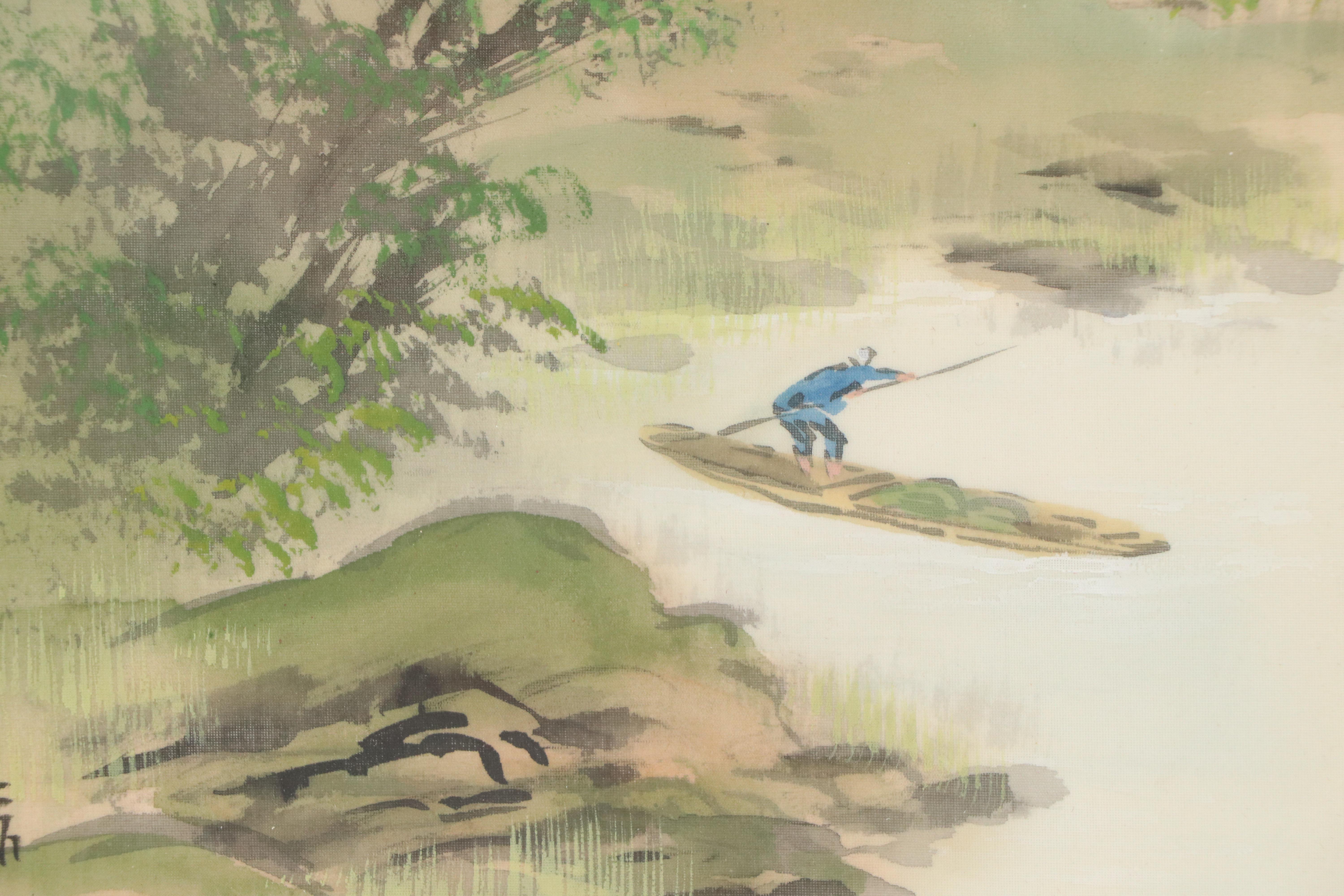 Chinese School Landscape Gouache Paintings of Riverside Home, 20th Century