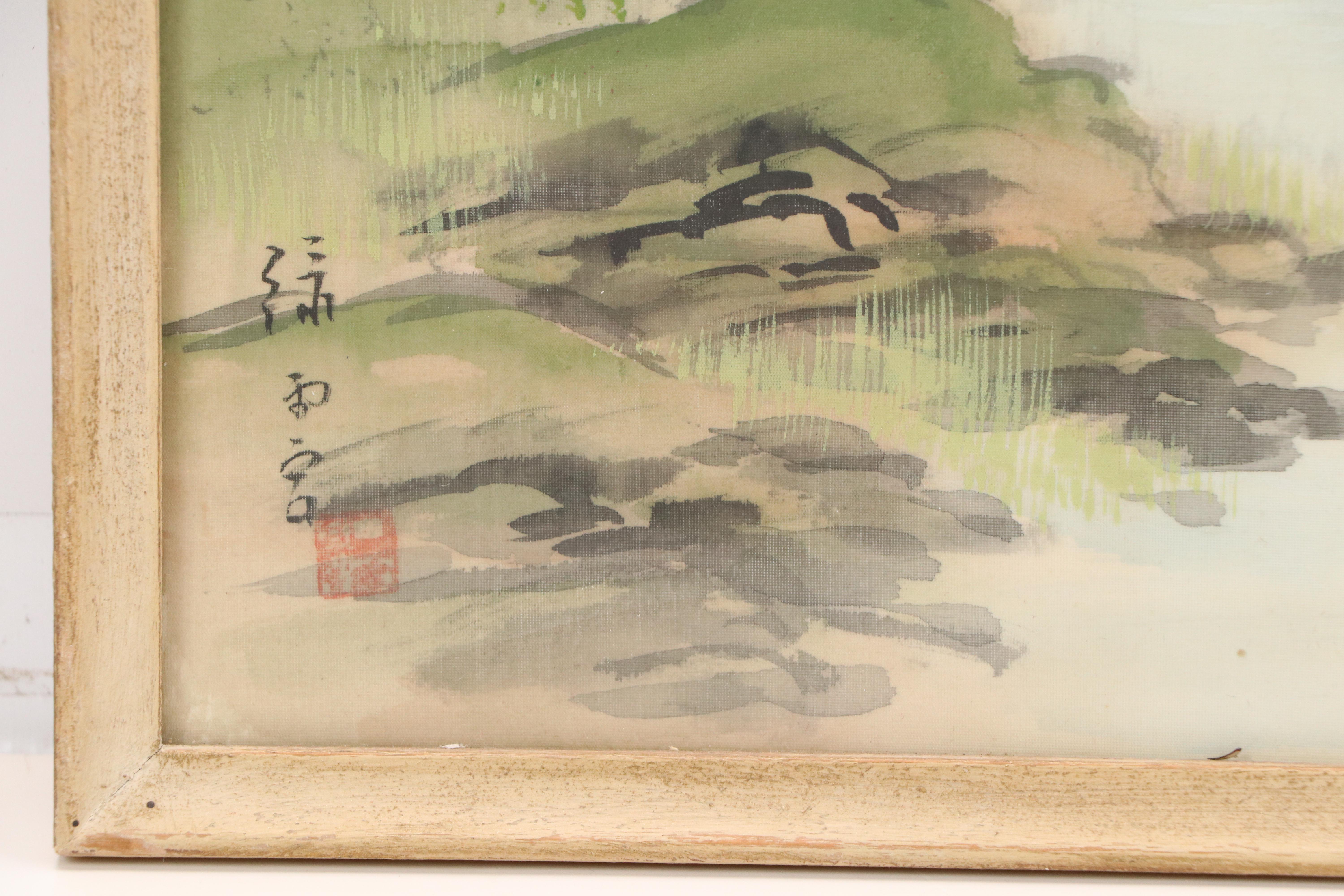 Chinese School Landscape Gouache Paintings of Riverside Home, 20th Century