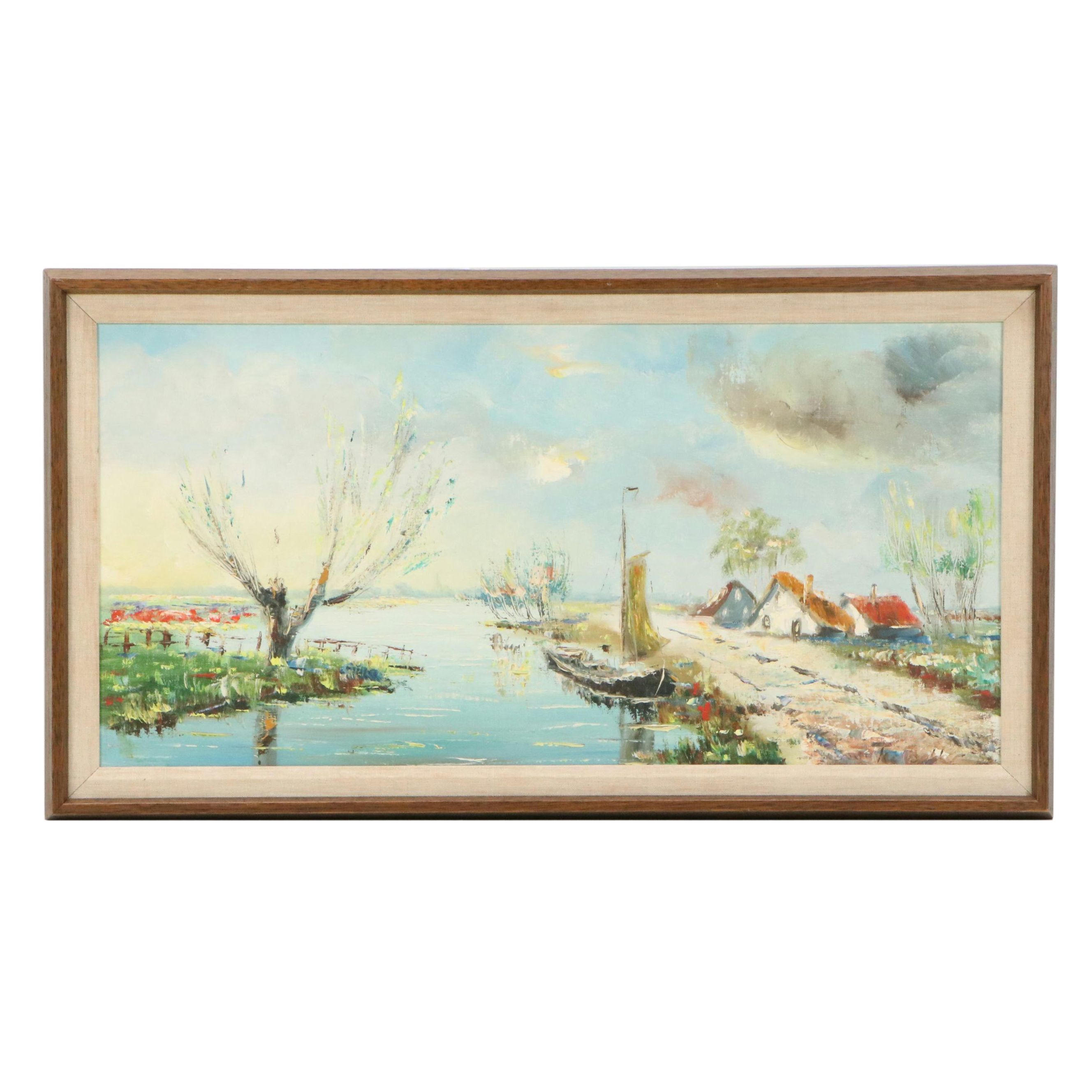 Landscape Oil Painting of Canal with Sailing Boat and Cottage