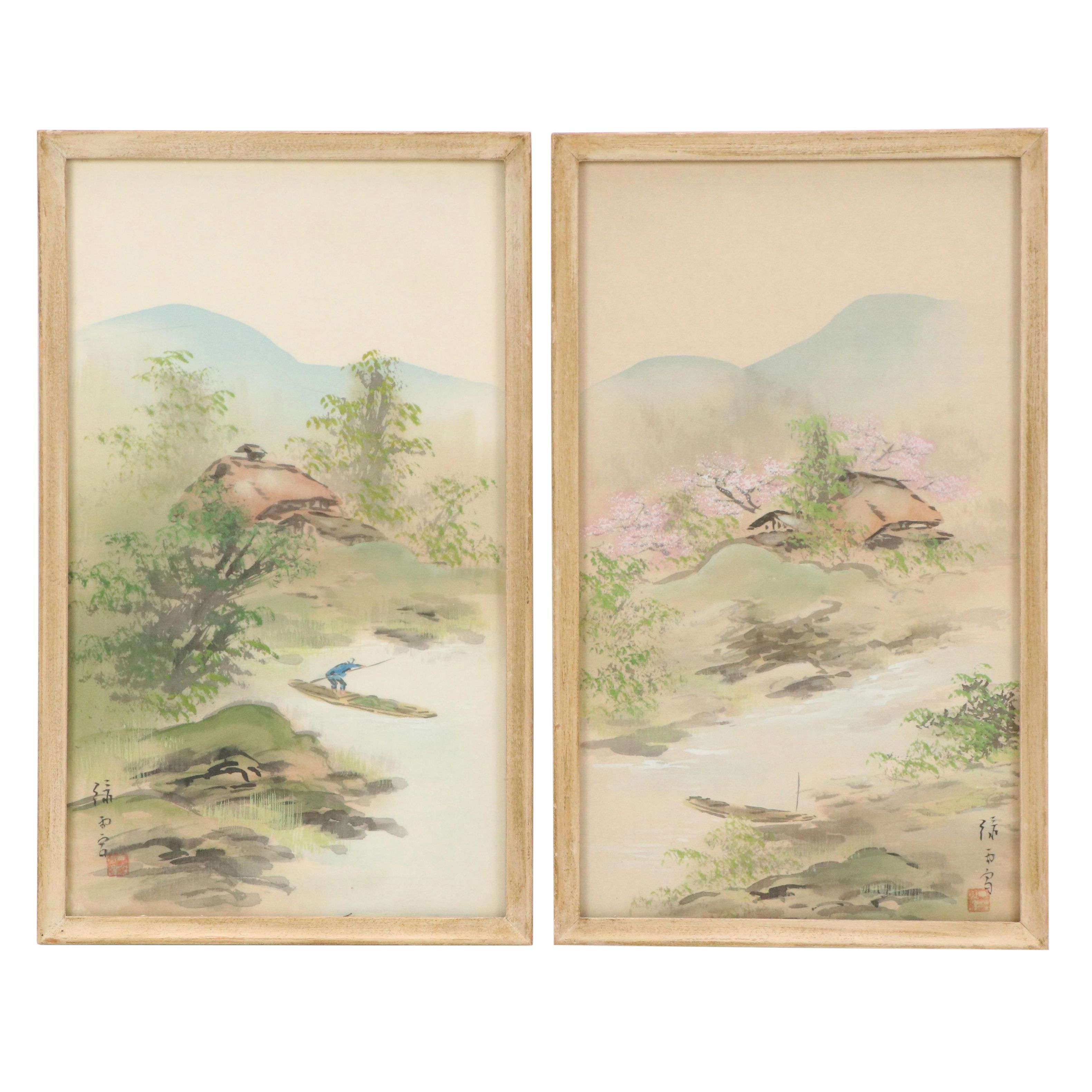 Chinese School Landscape Gouache Paintings of Riverside Home, 20th Century