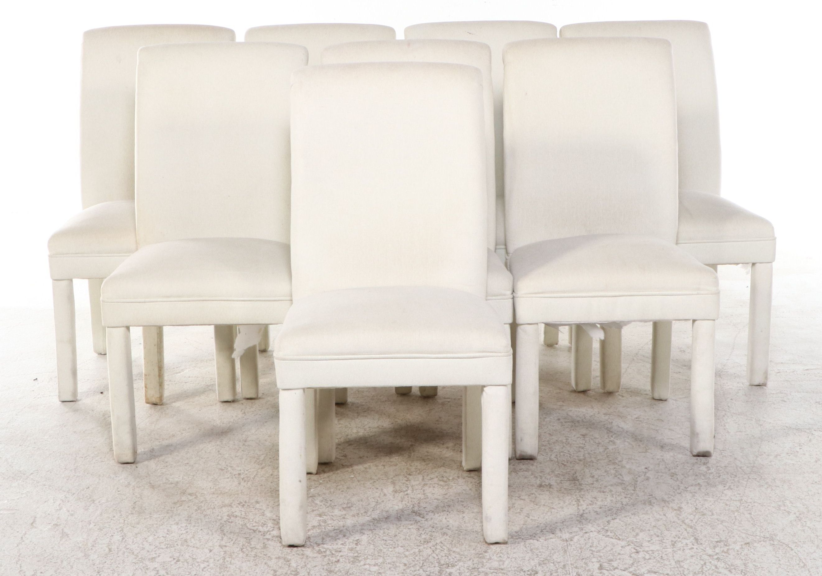 Set of Eight Parsons Style White Fabric Upholstered Dining Chairs