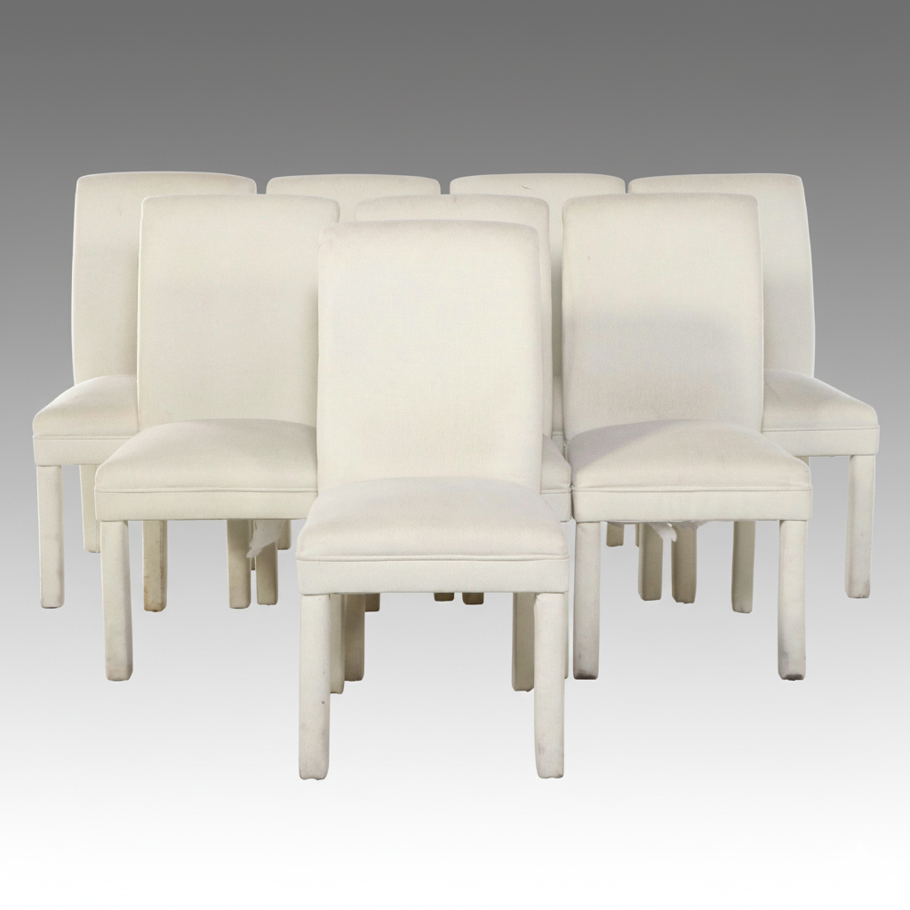 Set of Eight Parsons Style White Fabric Upholstered Dining Chairs