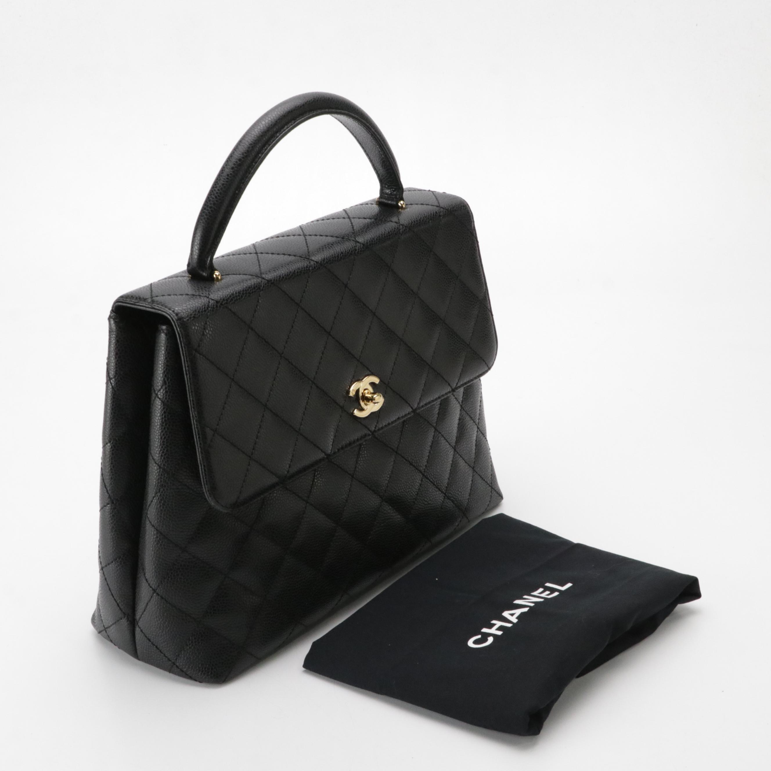 Chanel Kelly Top Handle Bag in Black Caviar Leather with Gold Plated Hardware