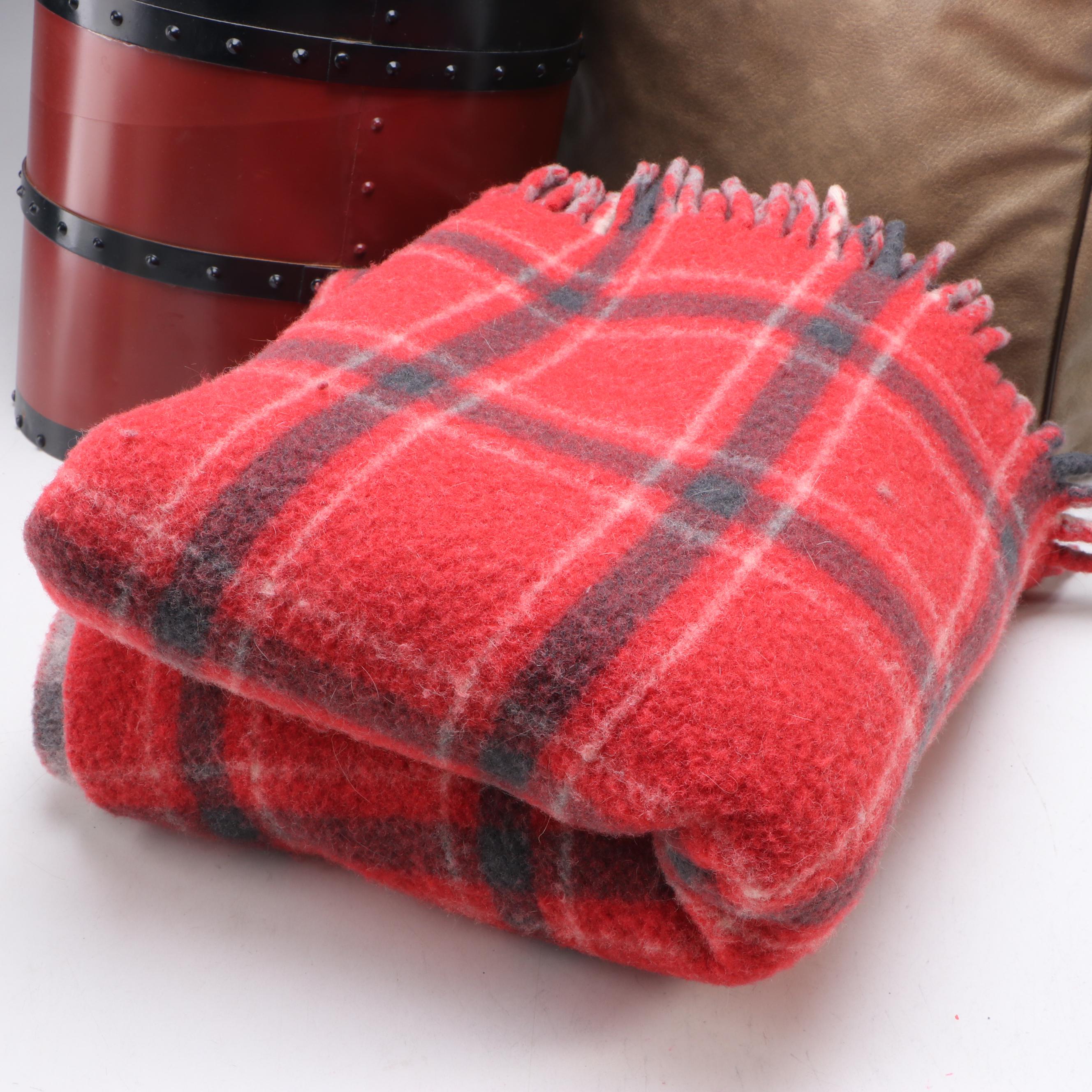 United States Lines Plaid Wool Blanket with Bag and Smokestack Wastebasket