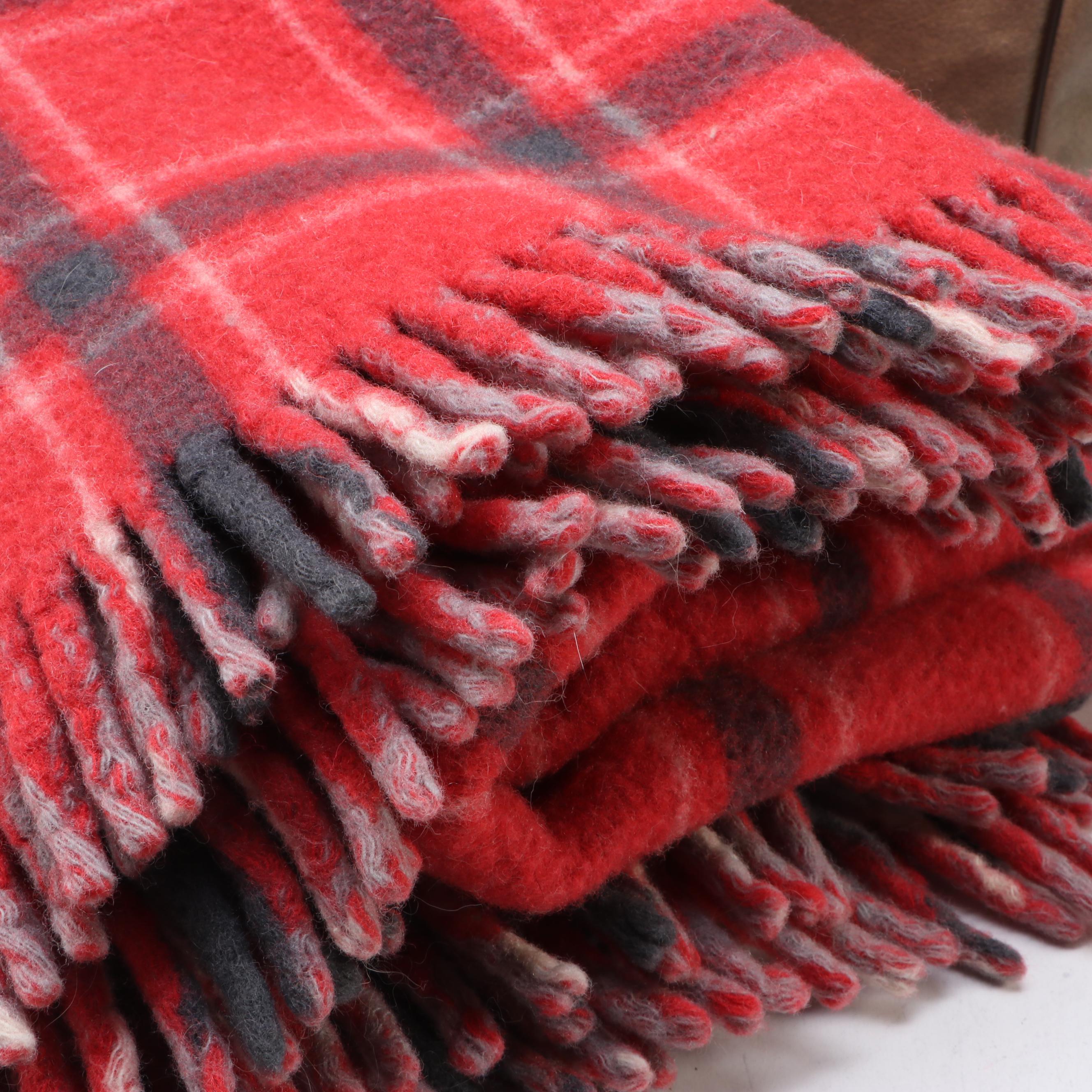 United States Lines Plaid Wool Blanket with Bag and Smokestack Wastebasket