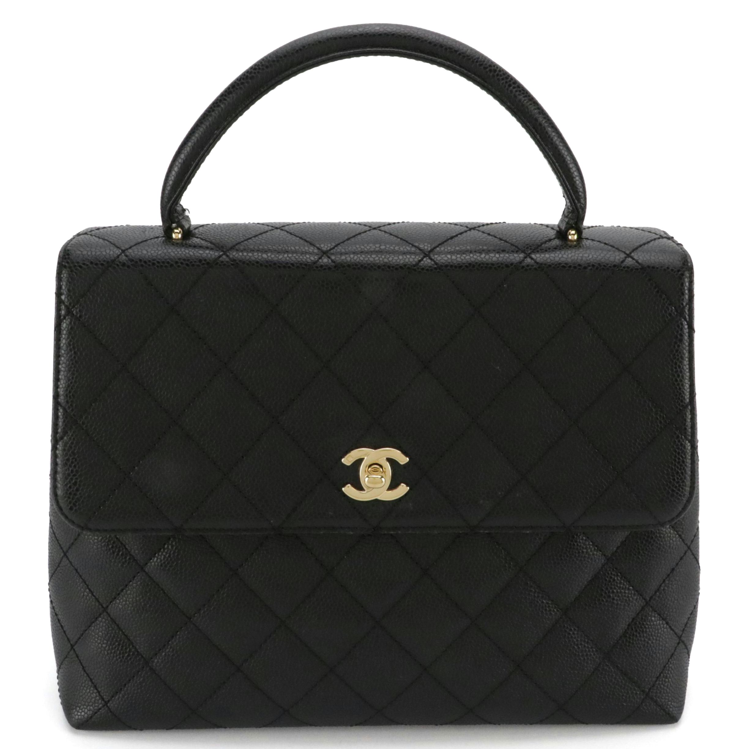 Chanel Kelly Top Handle Bag in Black Caviar Leather with Gold Plated Hardware