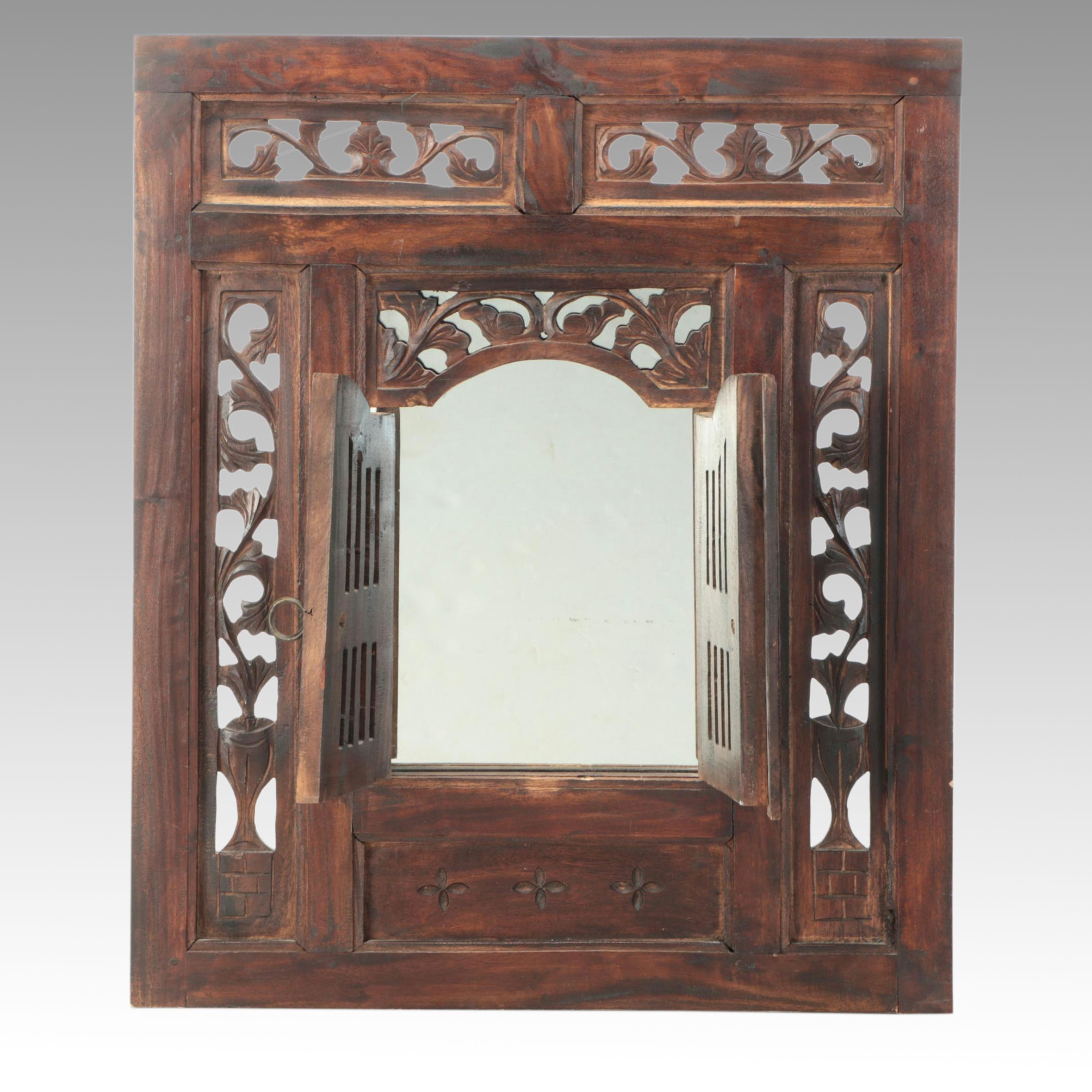 Indian Style Carved Wood Window Frame Wall Mirror