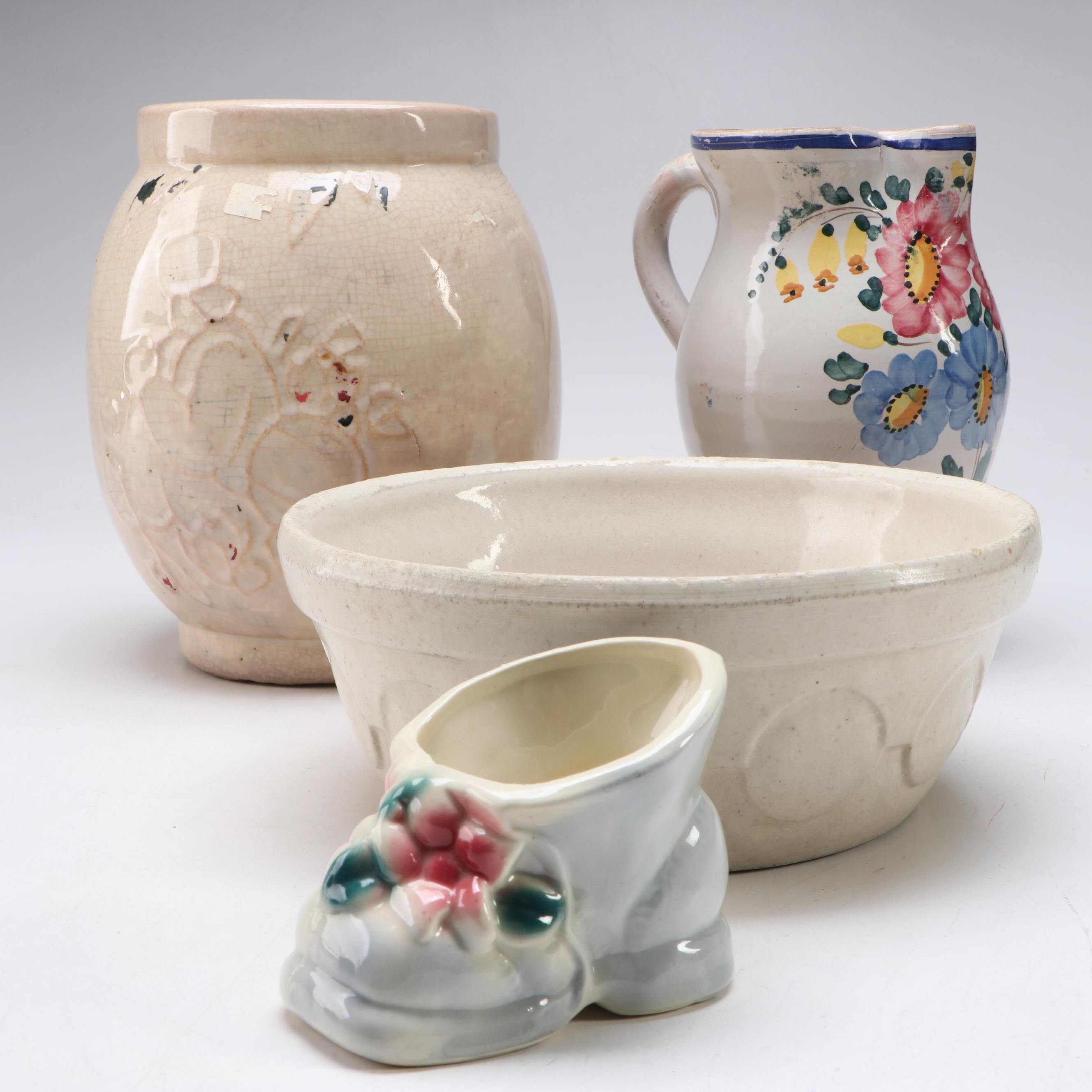 McCoy Open Jar with Italian Pitcher and Other Vintage Ceramic Containers