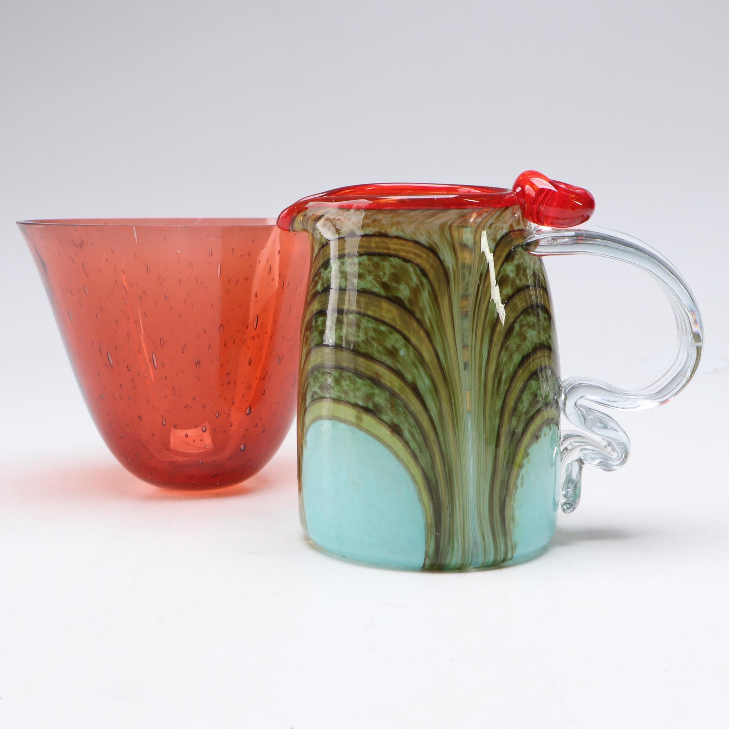 Blown Art Glass Optic Creamer and Other Controlled Bubble Signed Bowl
