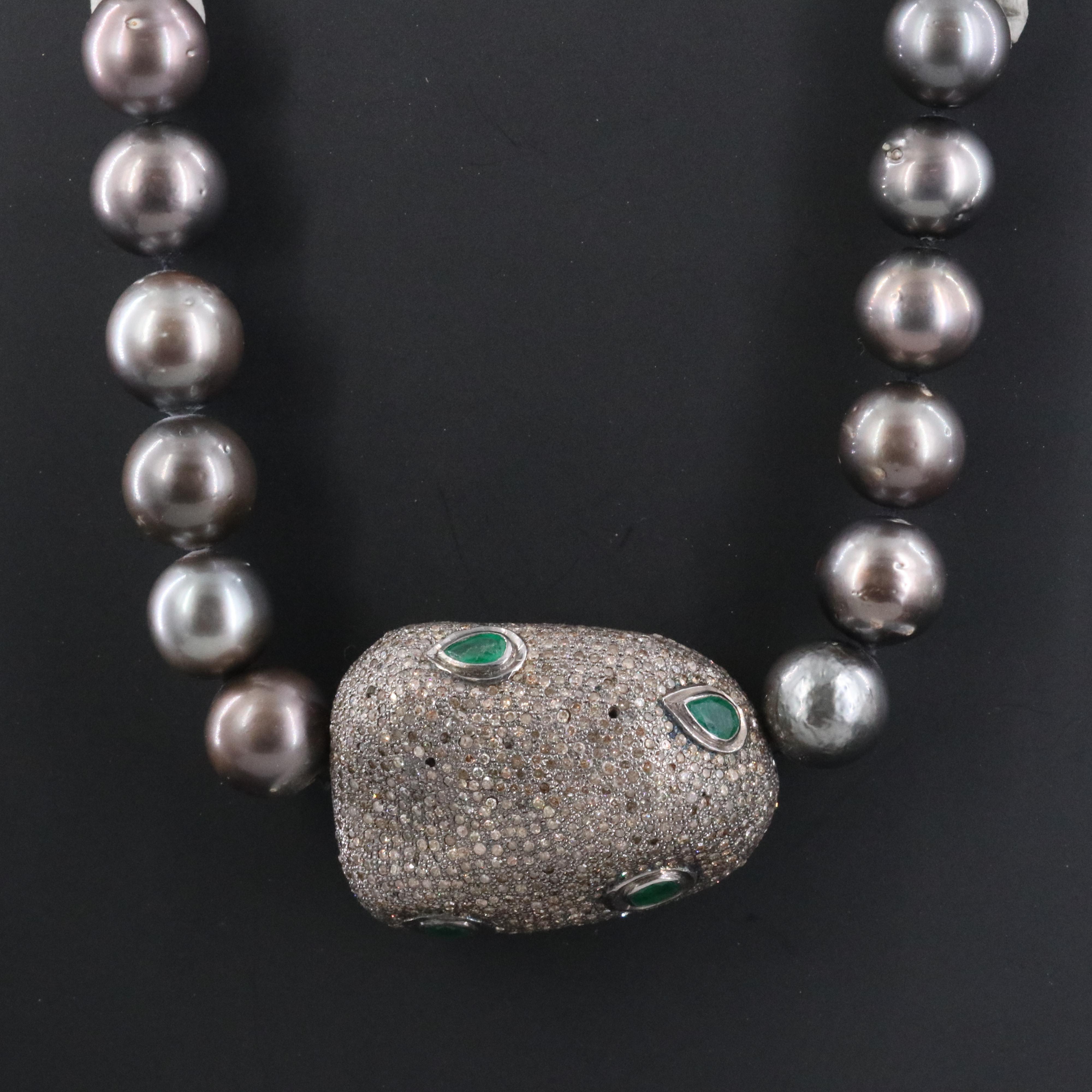 Sterling Diamond and Emerald Station on Pearl Necklace with 14K Clasp