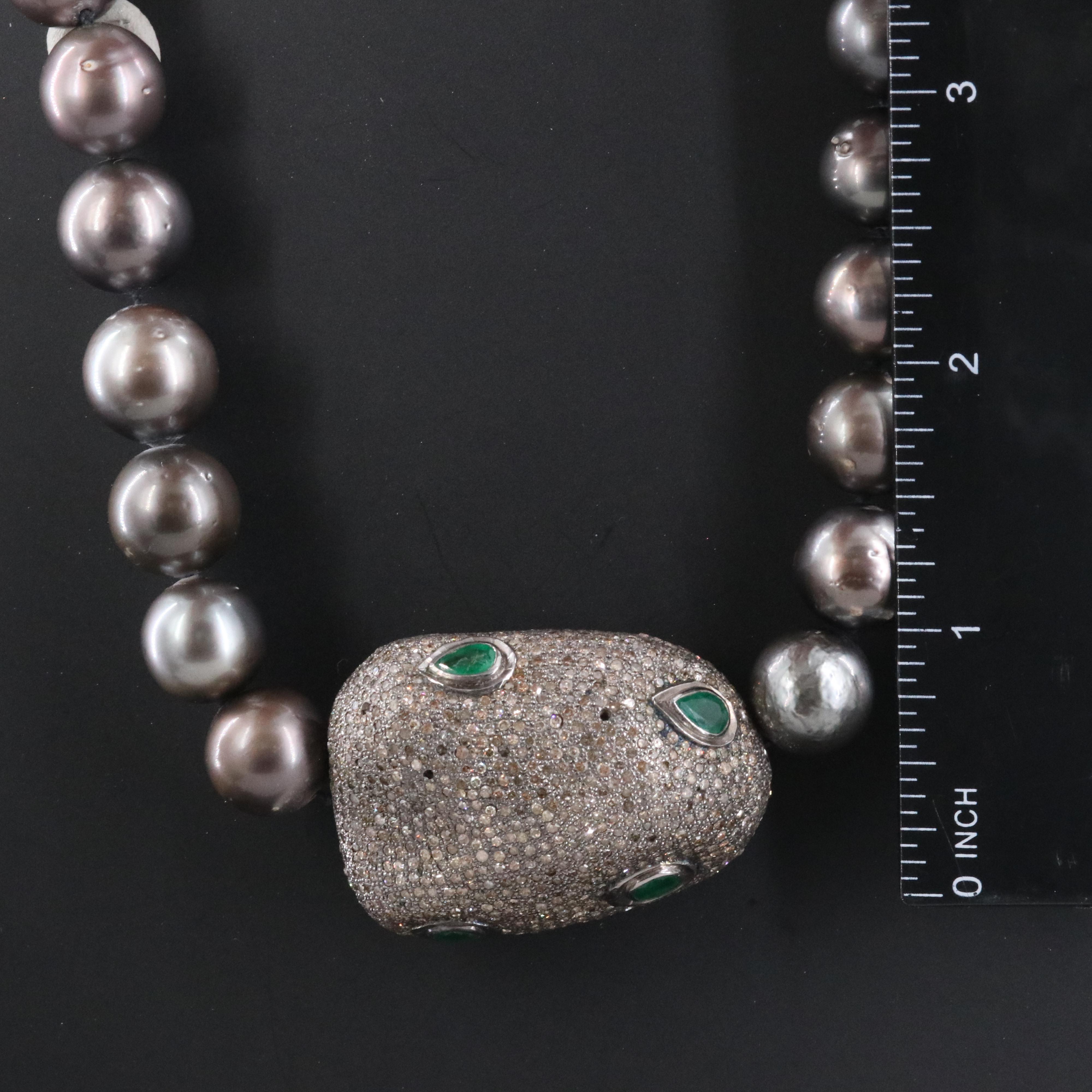 Sterling Diamond and Emerald Station on Pearl Necklace with 14K Clasp