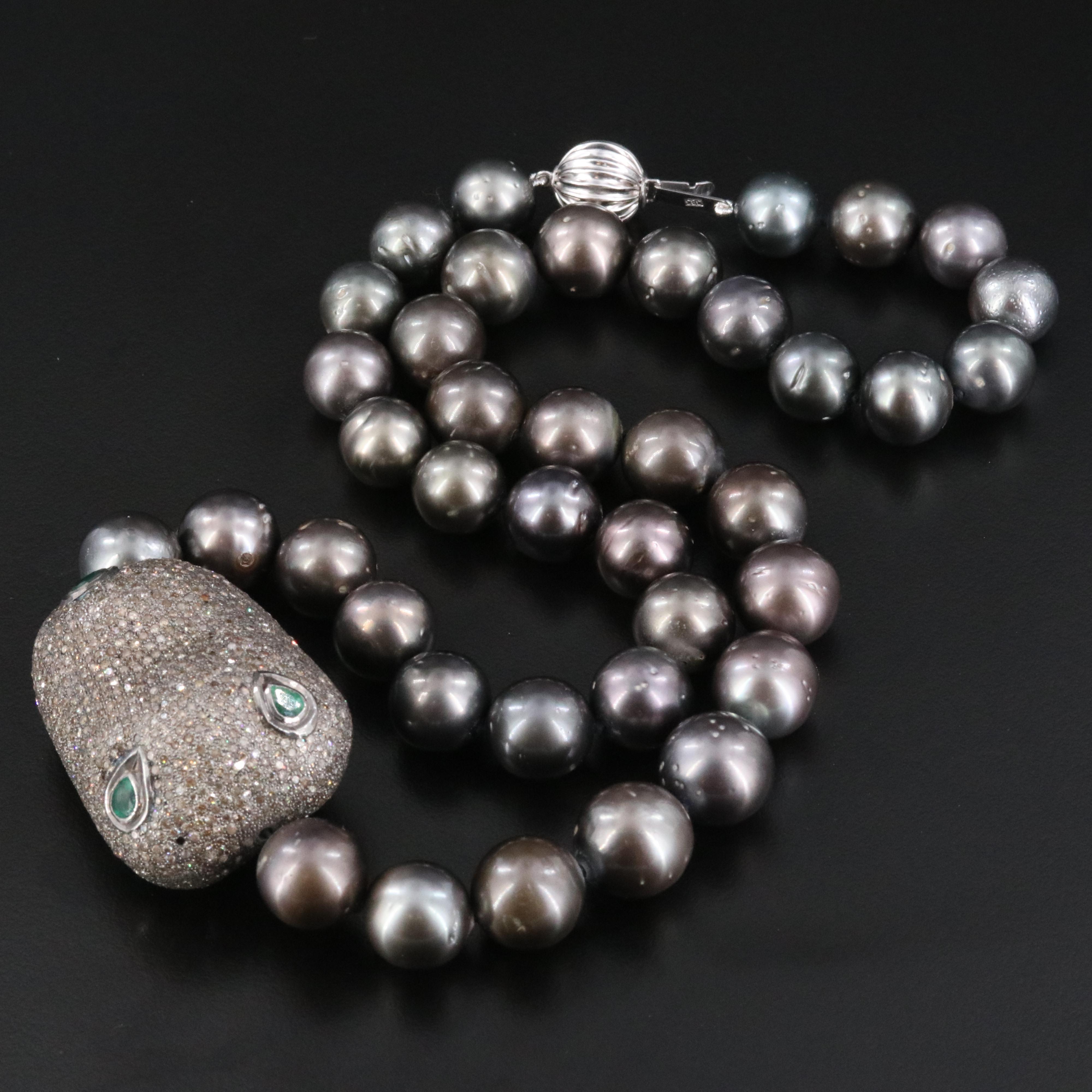 Sterling Diamond and Emerald Station on Pearl Necklace with 14K Clasp