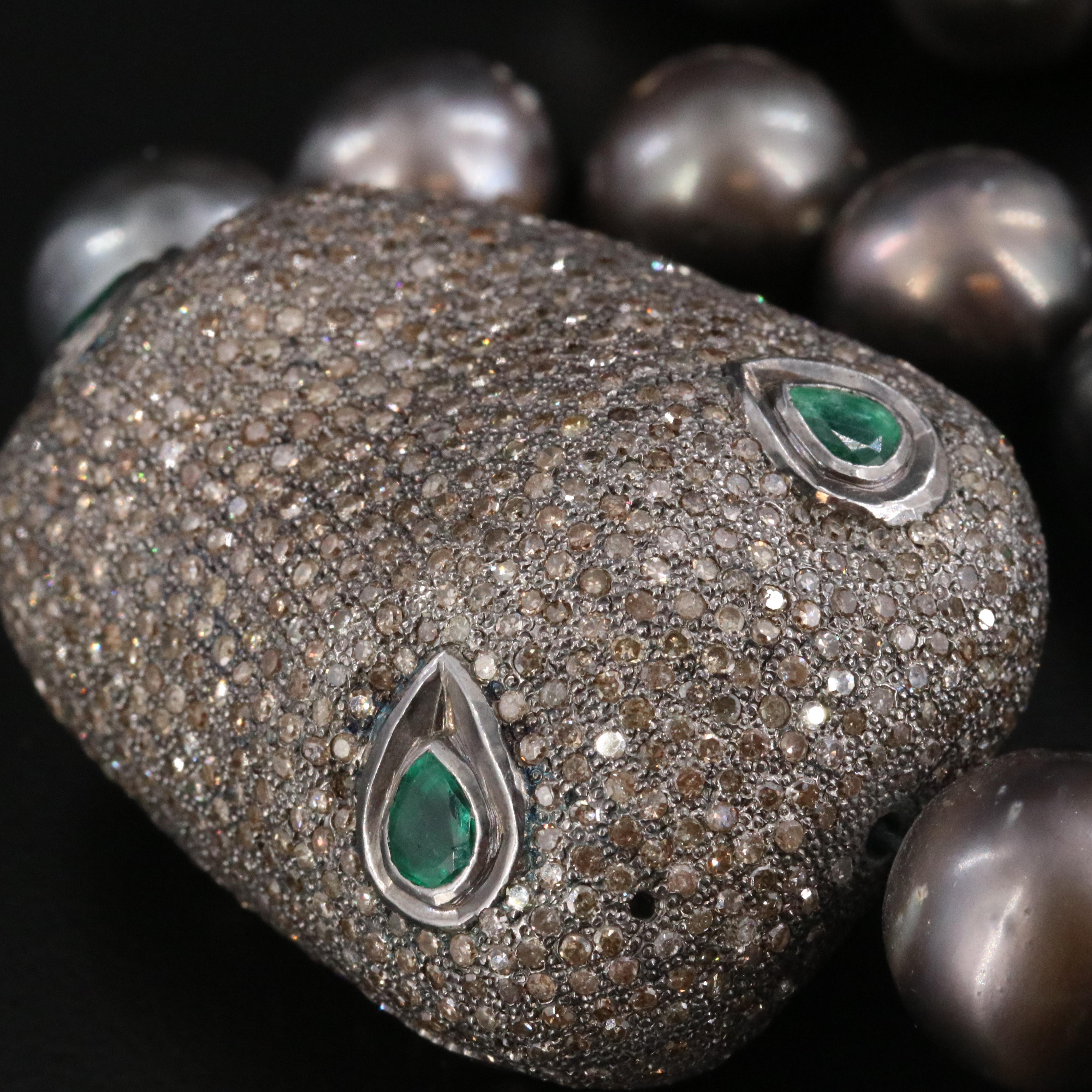 Sterling Diamond and Emerald Station on Pearl Necklace with 14K Clasp