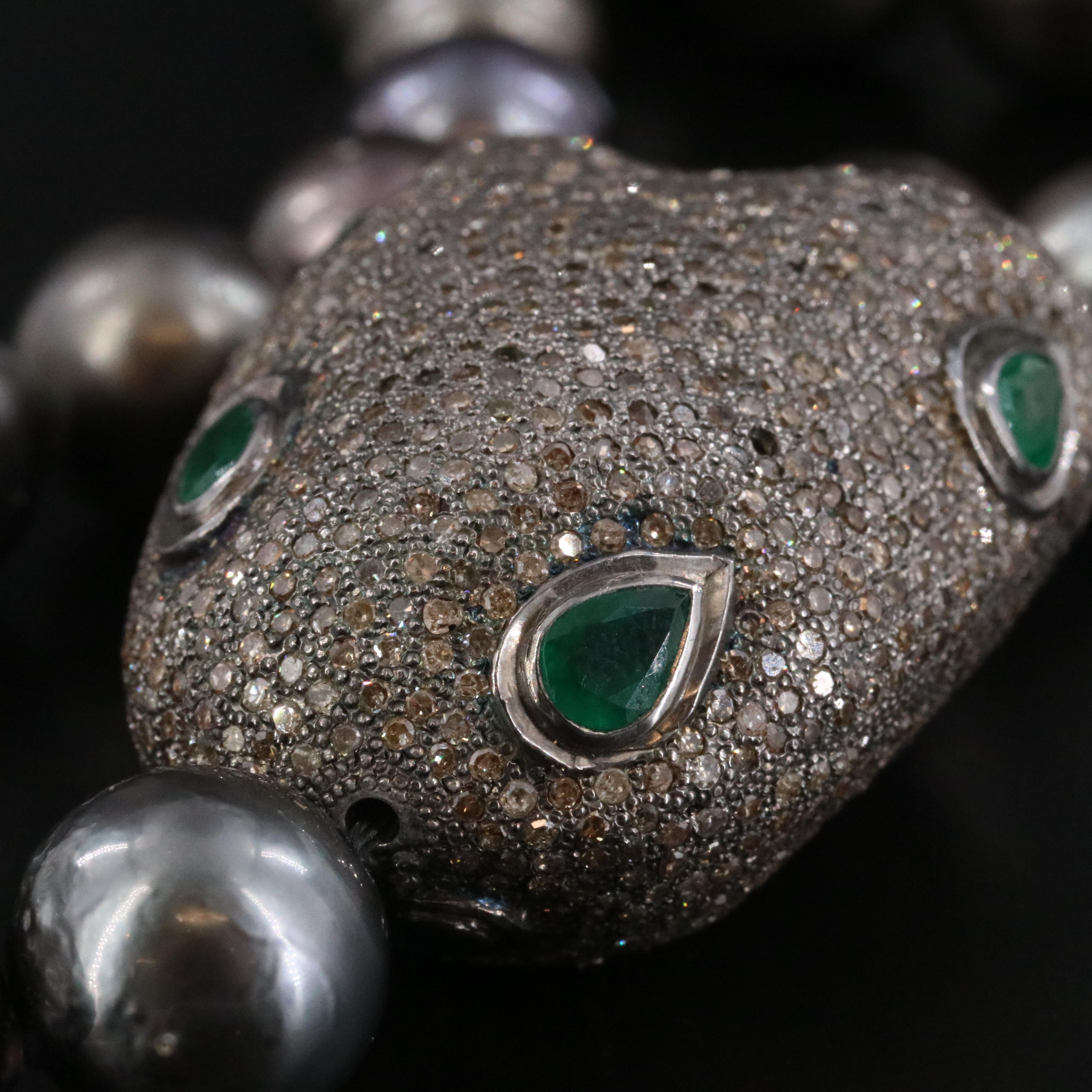 Sterling Diamond and Emerald Station on Pearl Necklace with 14K Clasp