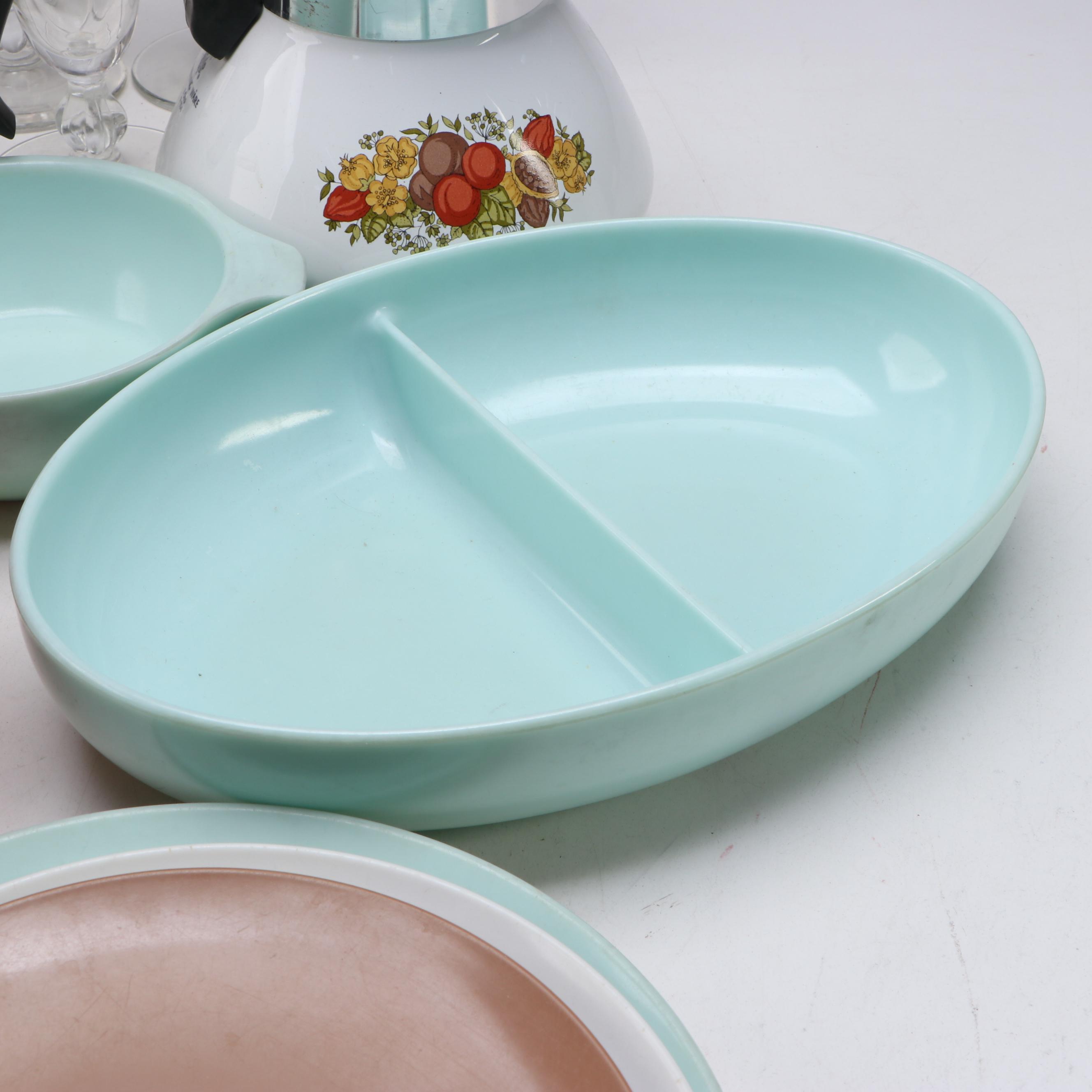 Libbey "Golden Foliage" Pilsner Glasses with Coffee Pots and Melamine Dinnerware