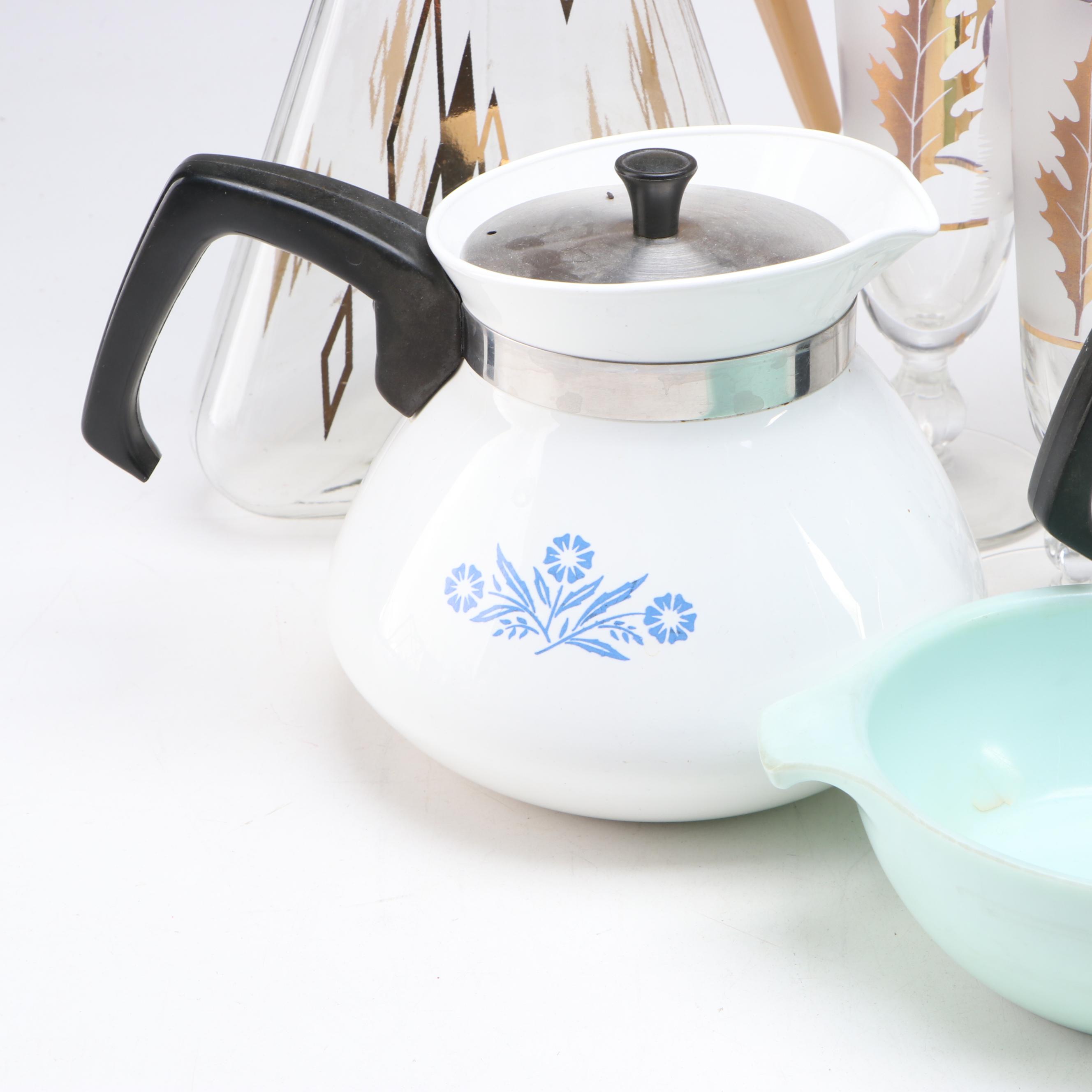 Libbey "Golden Foliage" Pilsner Glasses with Coffee Pots and Melamine Dinnerware