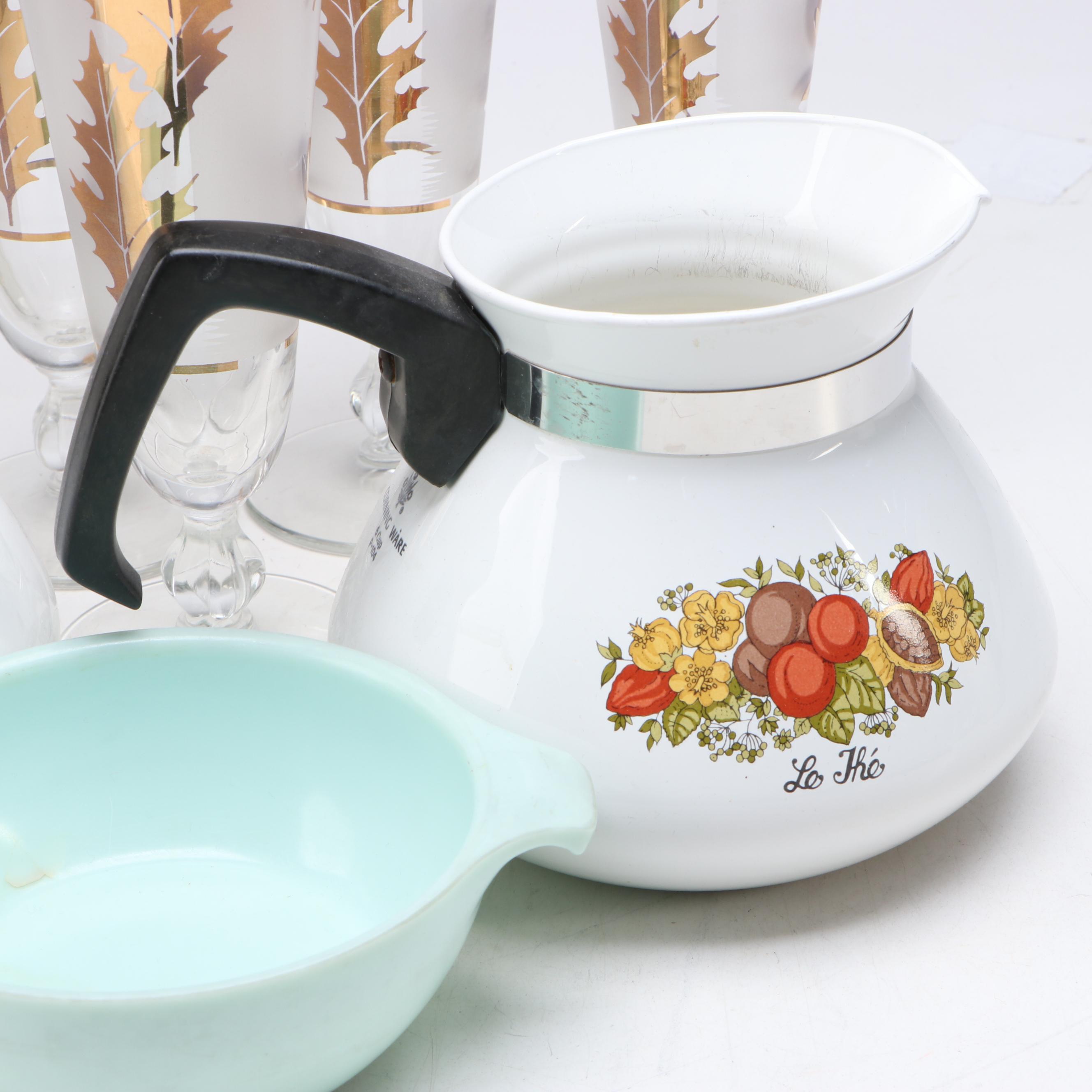 Libbey "Golden Foliage" Pilsner Glasses with Coffee Pots and Melamine Dinnerware