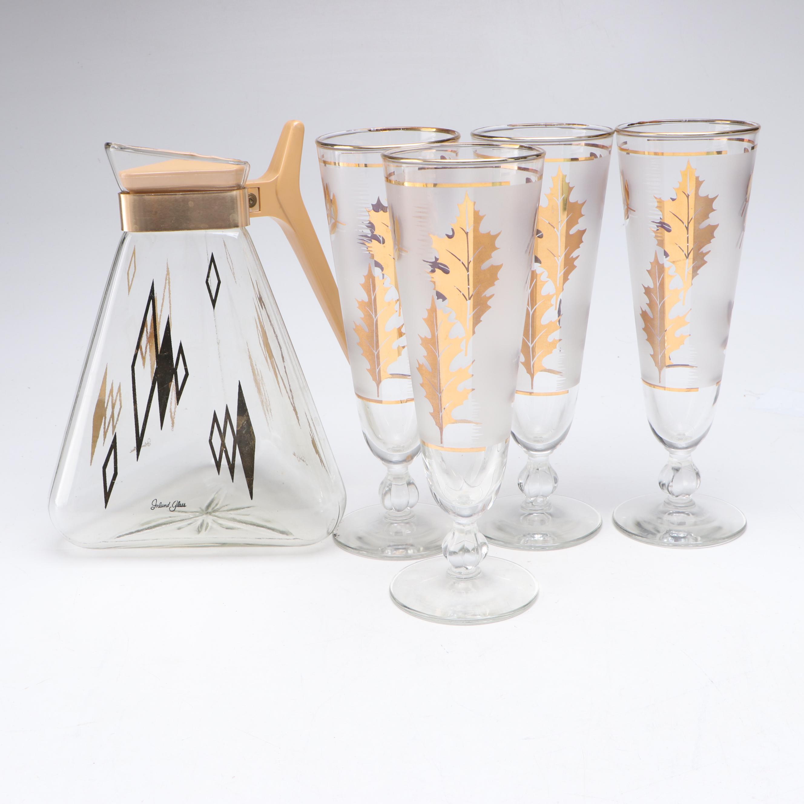 Libbey "Golden Foliage" Pilsner Glasses with Coffee Pots and Melamine Dinnerware