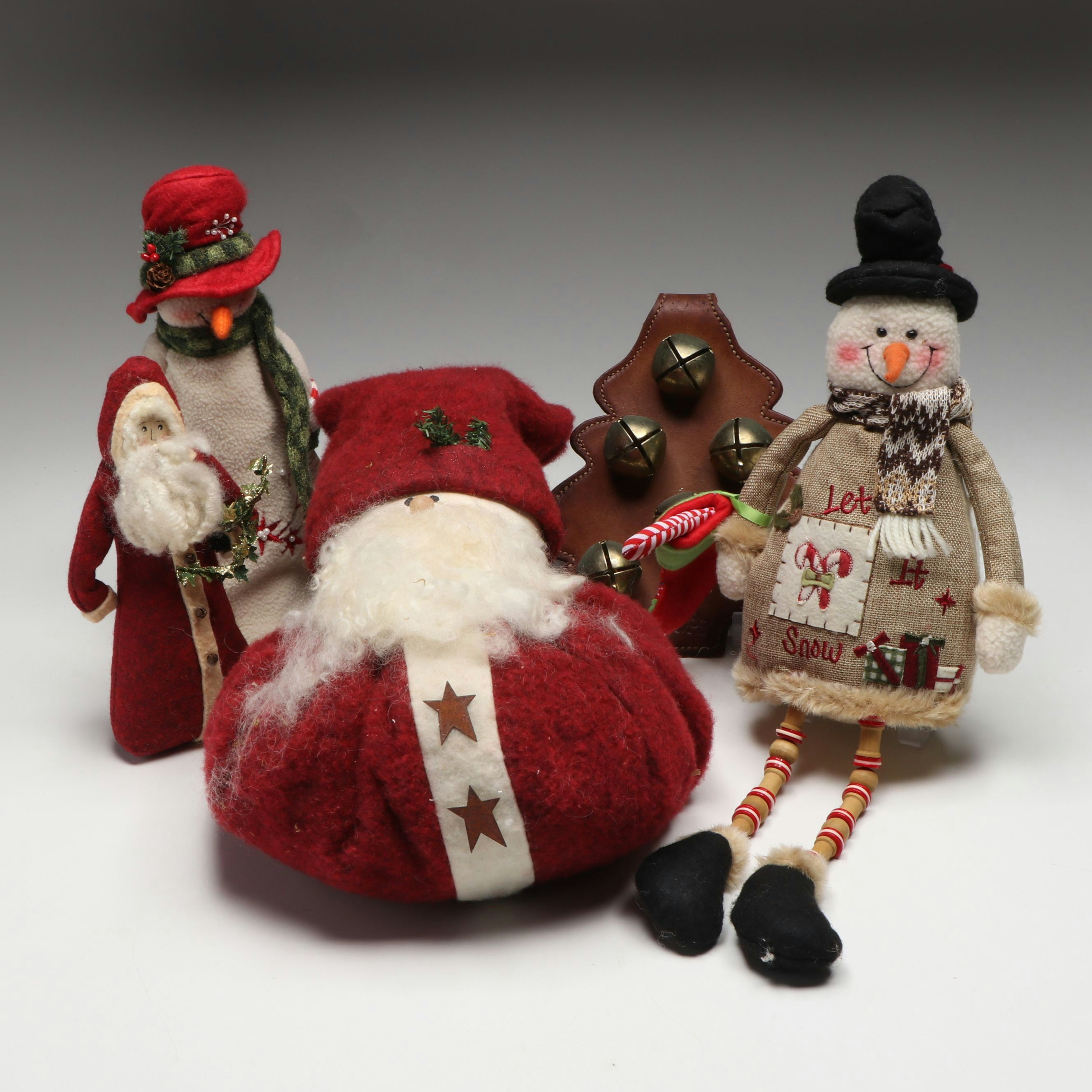 Moses B. Smucker Sleigh Bell Door Hanger with Santa and Snowman Plush Figures