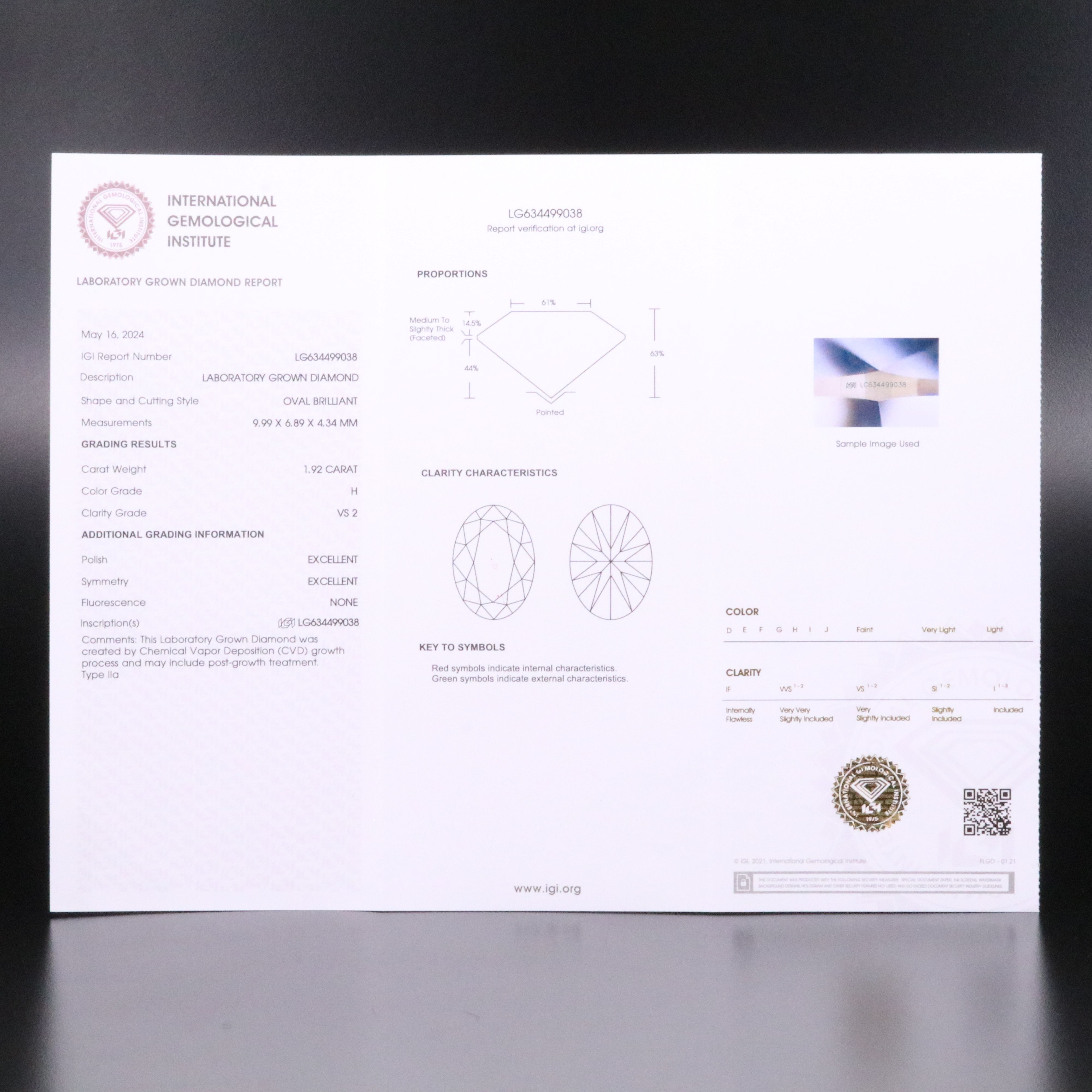 Loose 1.92 CT Lab Grown Diamond with IGI Report