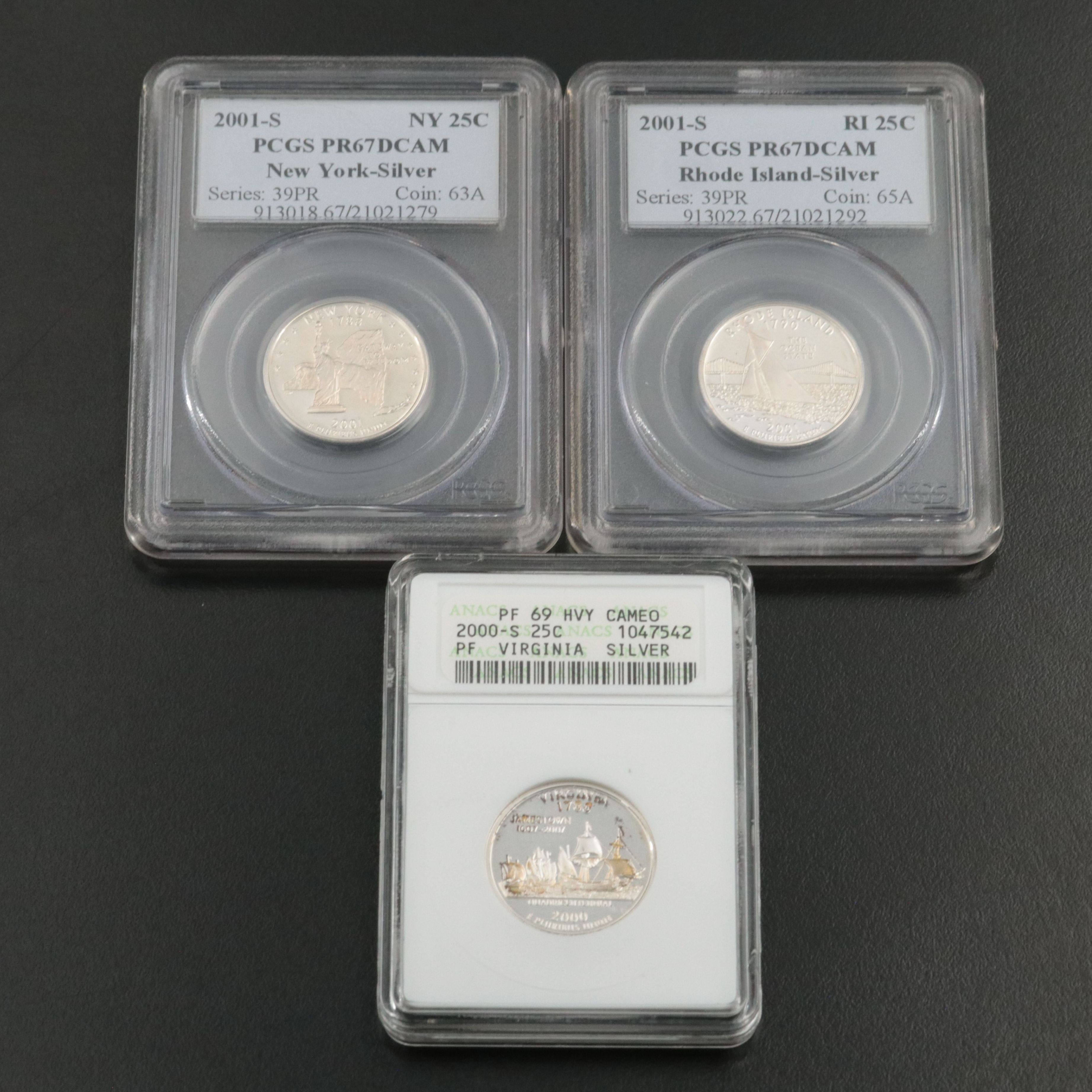 Three Graded Silver State Quarter Proof Coins