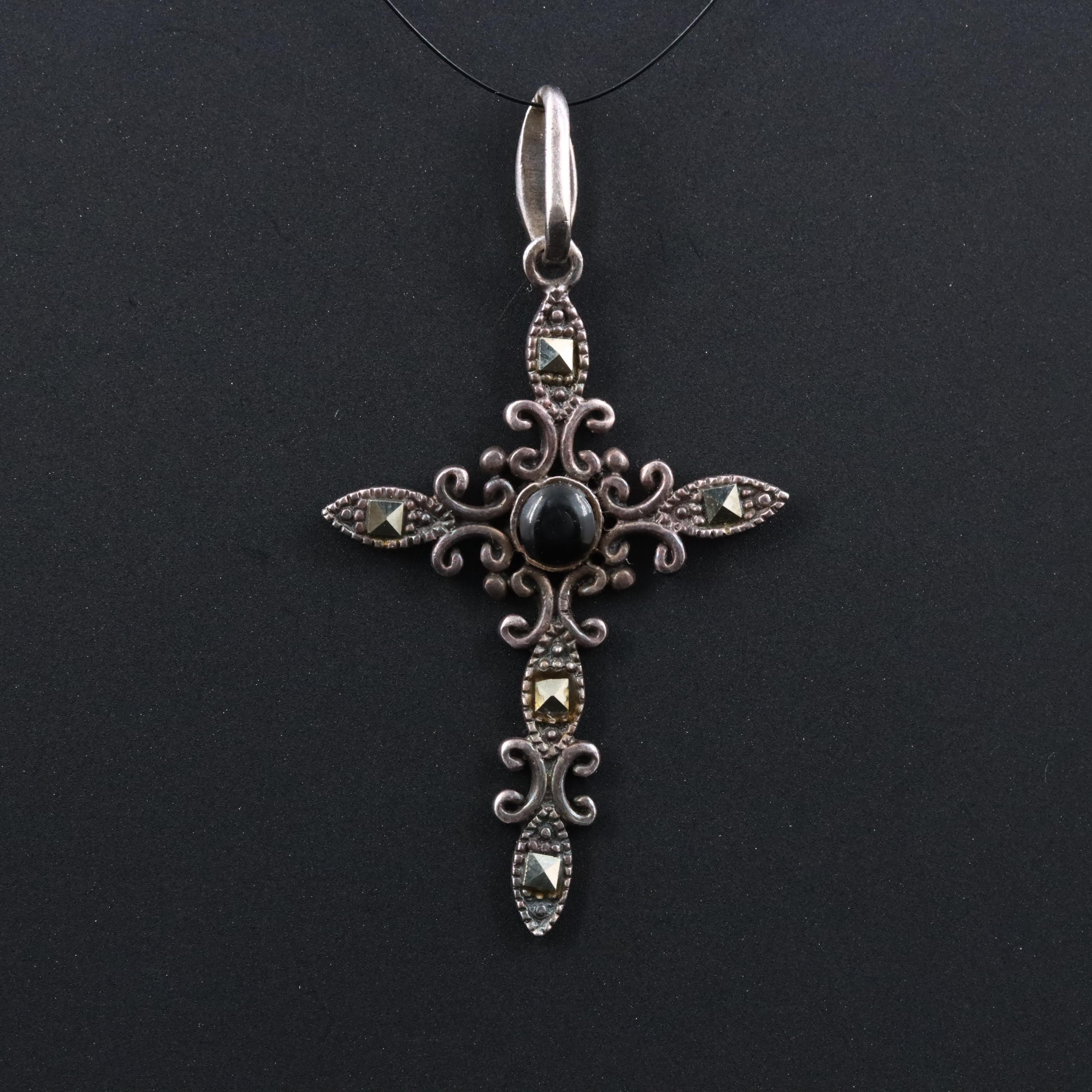 Sterling Obsidian and Marcasite Cross Pendant