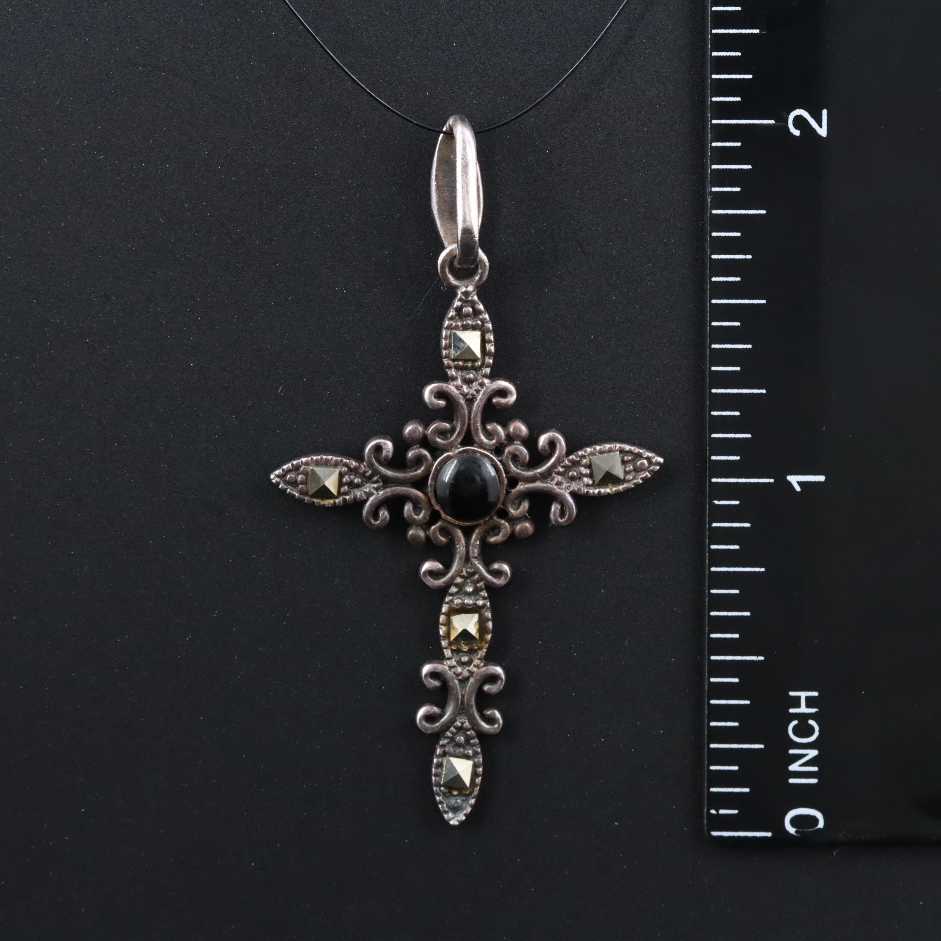 Sterling Obsidian and Marcasite Cross Pendant