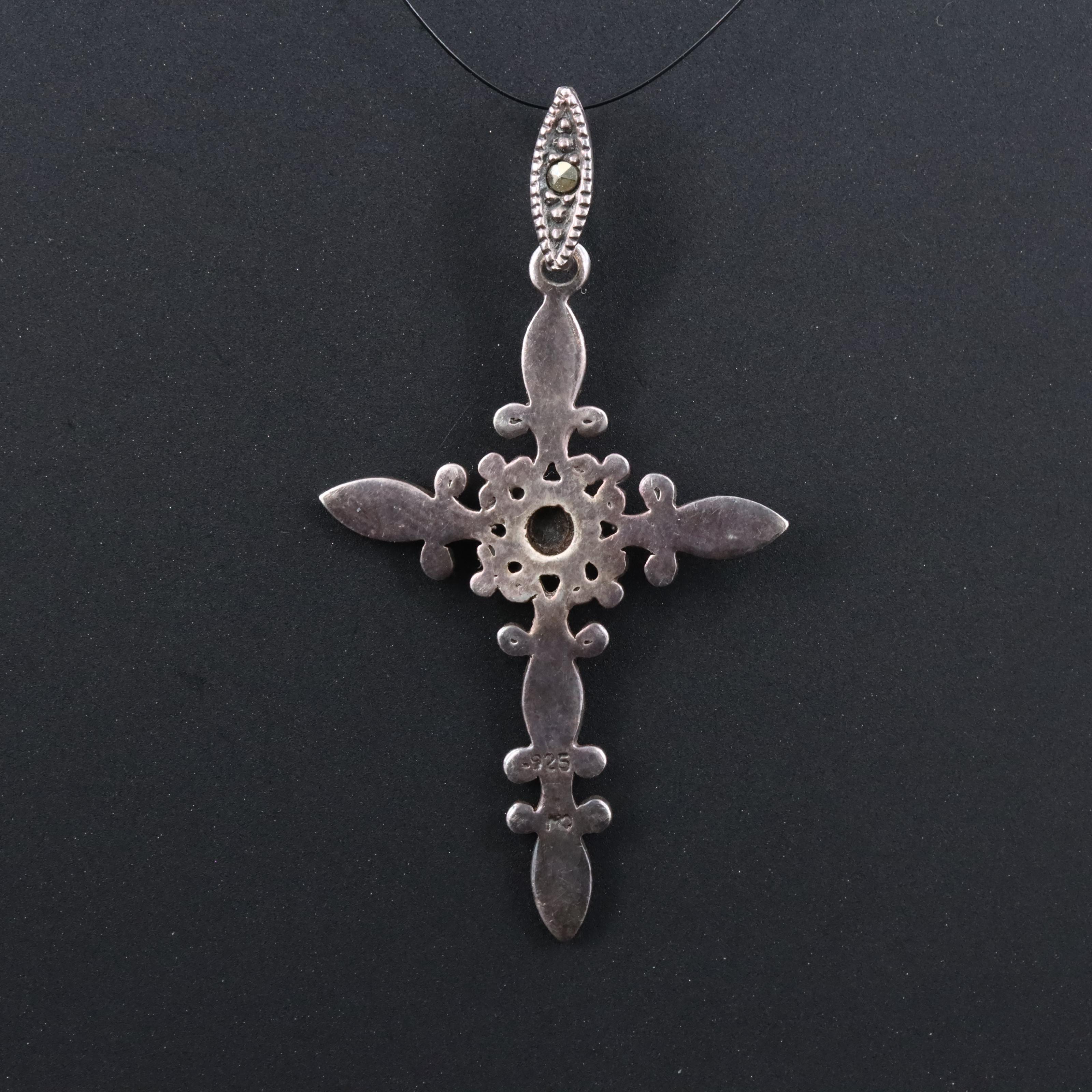 Sterling Obsidian and Marcasite Cross Pendant