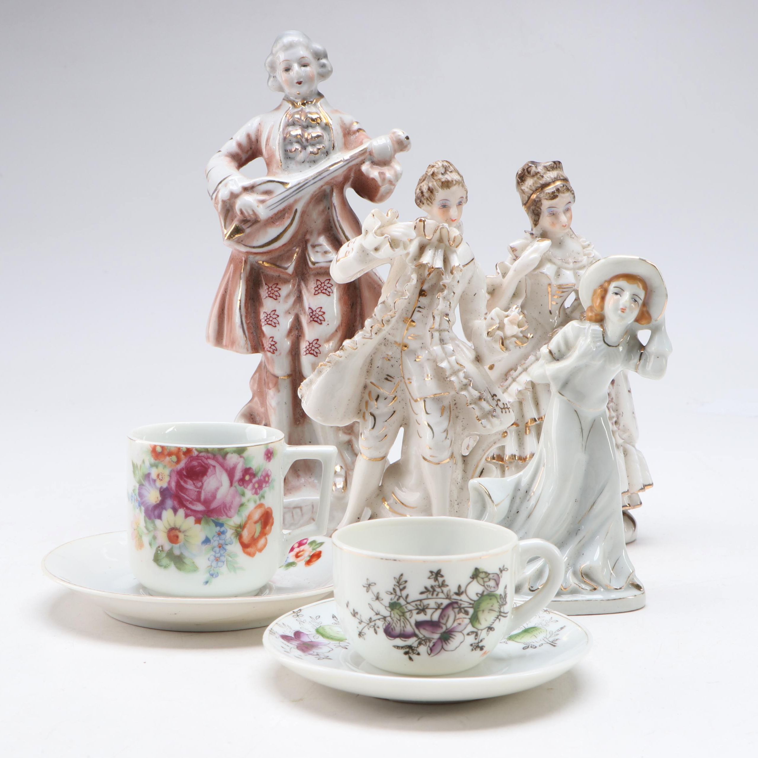Japanese Export Porcelain Figurines and Demitasse Sets, Mid-20th Century