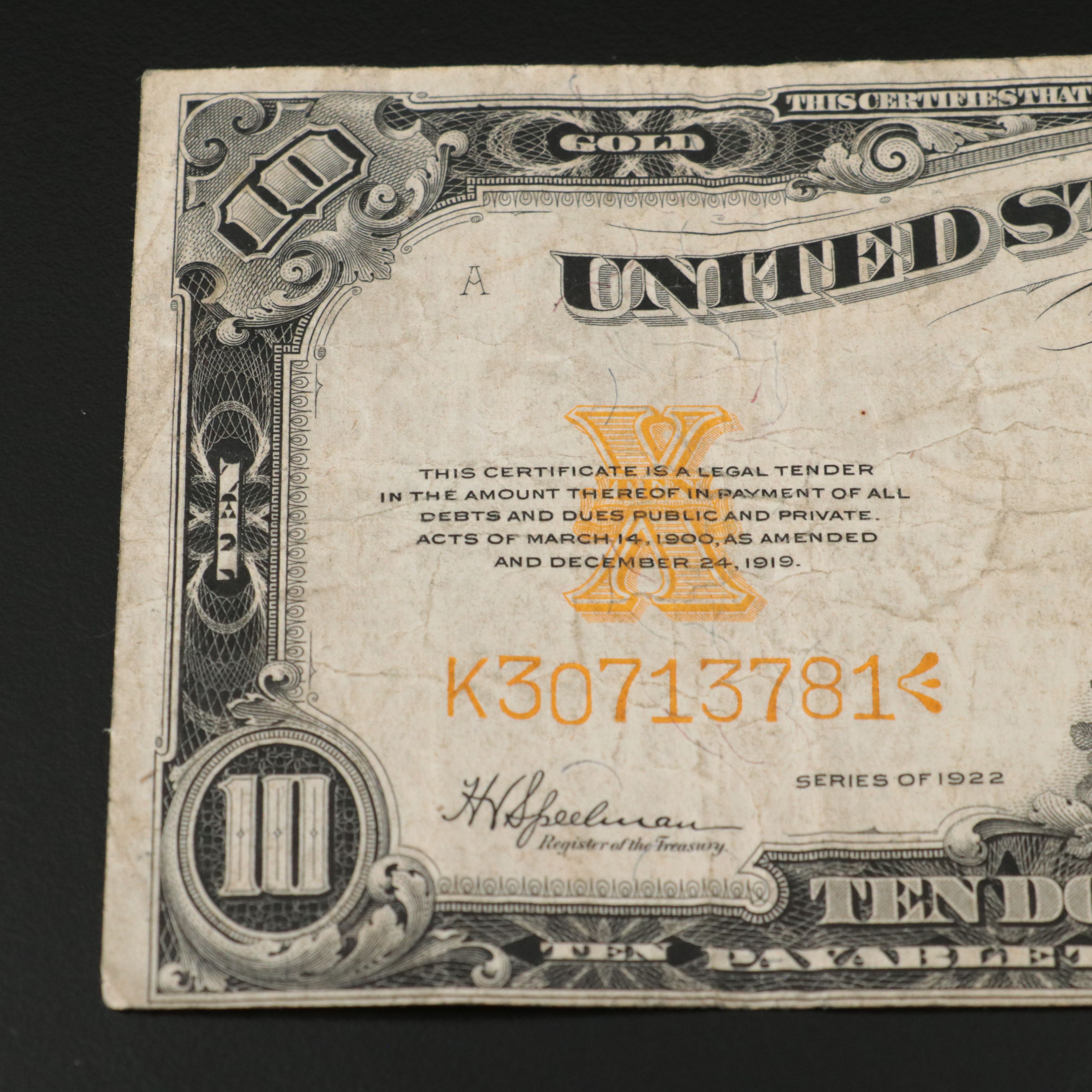 1922 $10 Large Size United States Gold Certificate