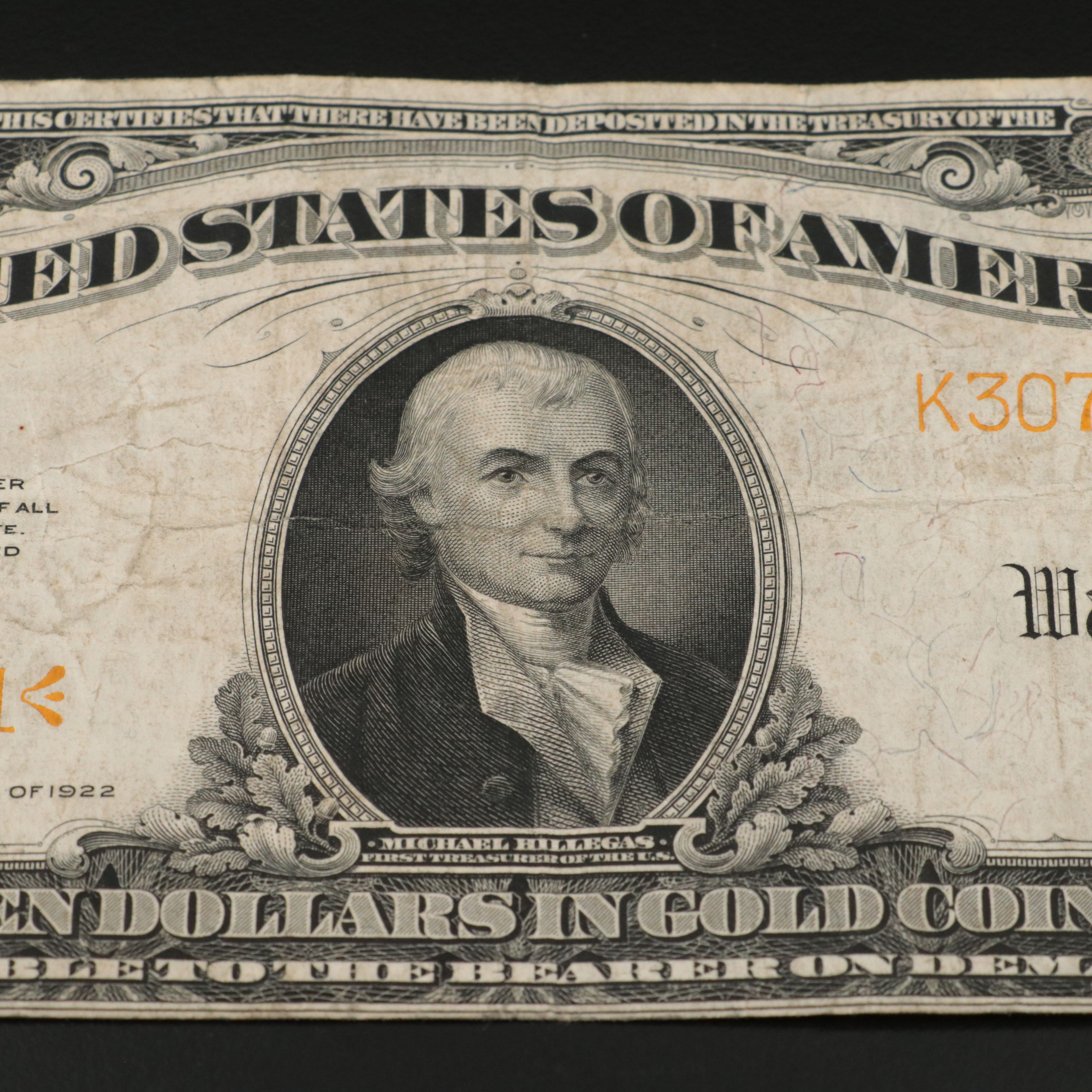 1922 $10 Large Size United States Gold Certificate