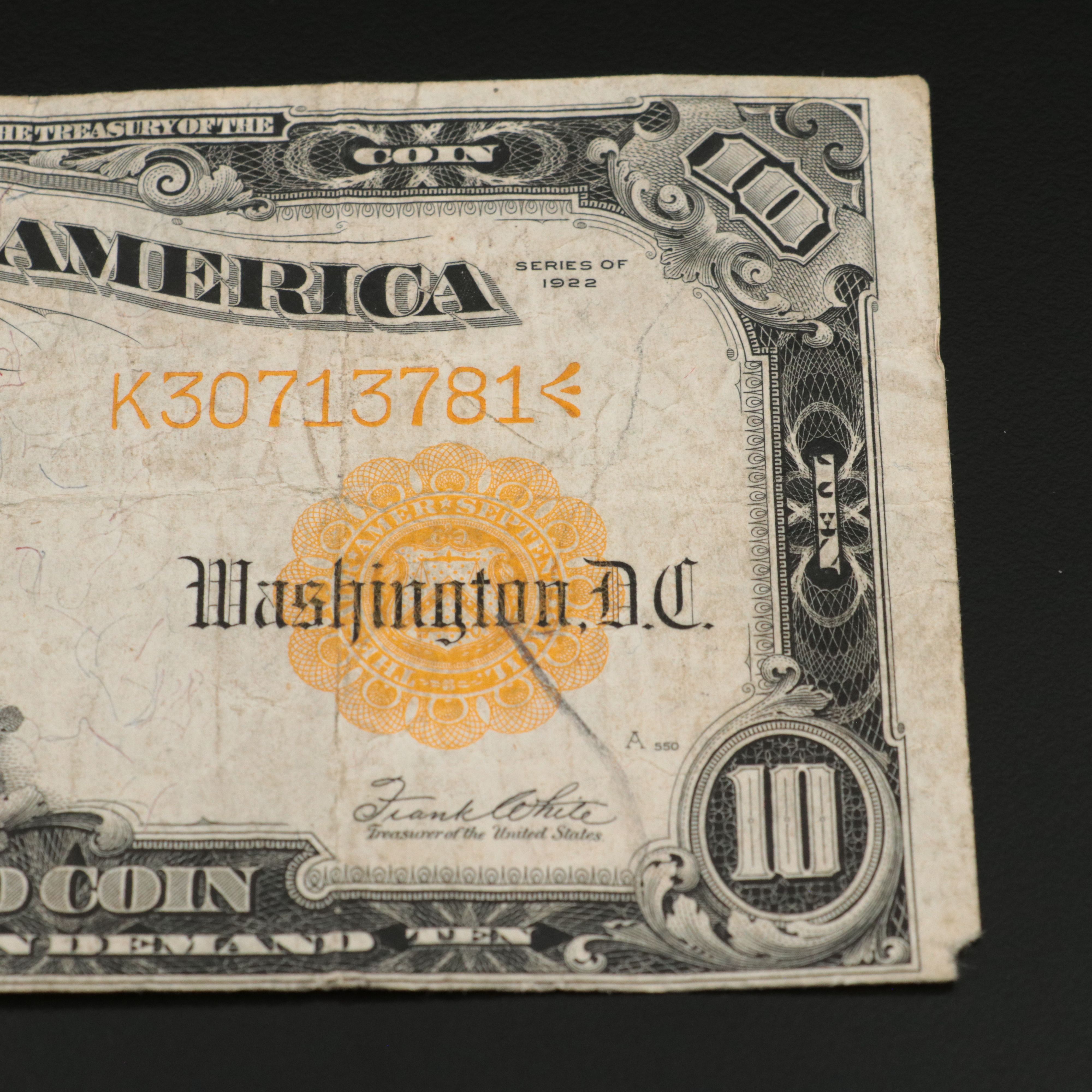 1922 $10 Large Size United States Gold Certificate