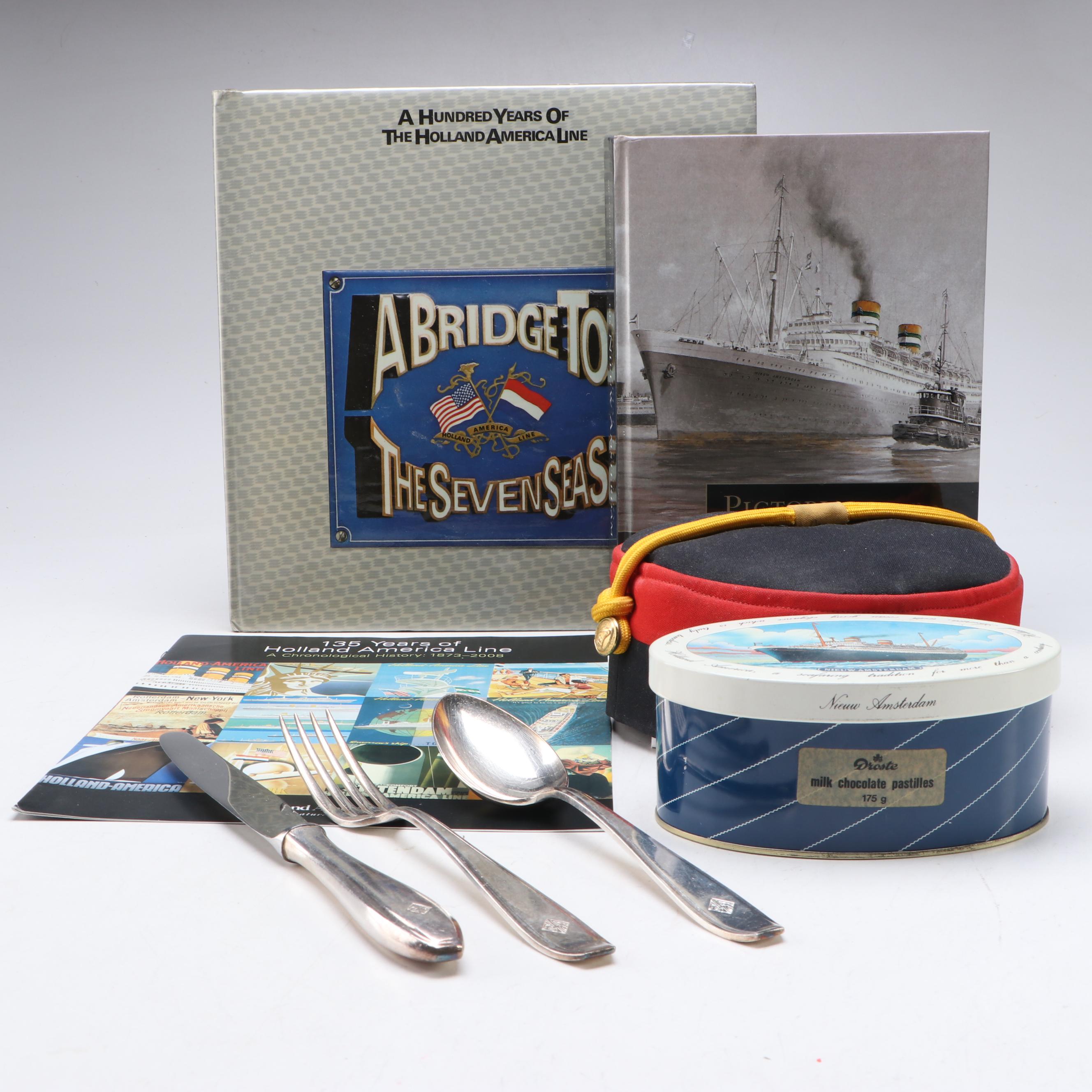 SS Nieuw Amsterdam Flatware with Cruise Ship Staff Hat, Books and Other Décor