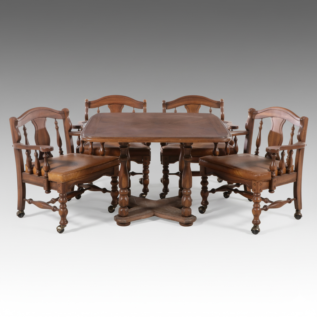 Five Piece Jacobean Style Walnut Finish Dining Set