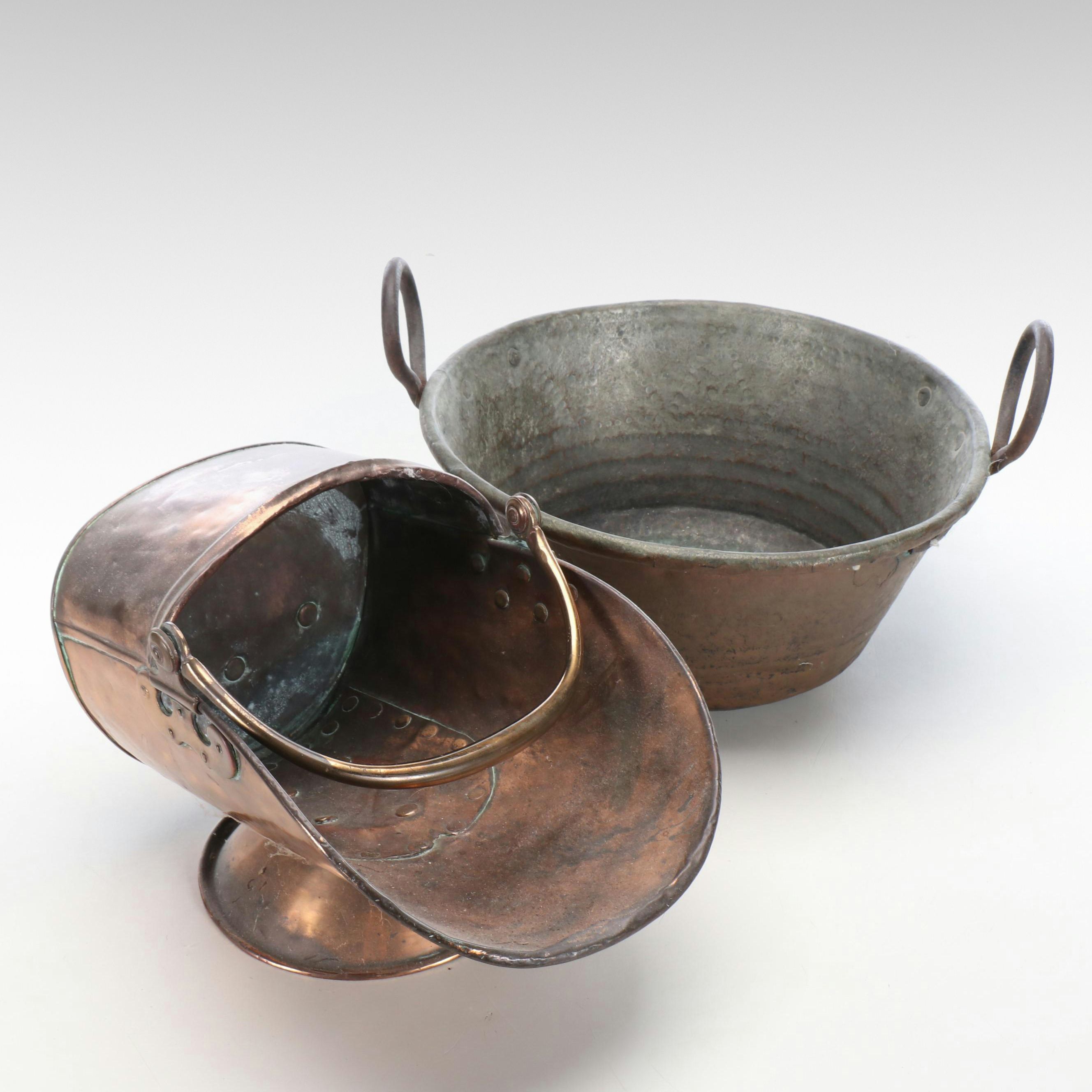 Primitive Copper Coal Scuttle and Hearth Pot