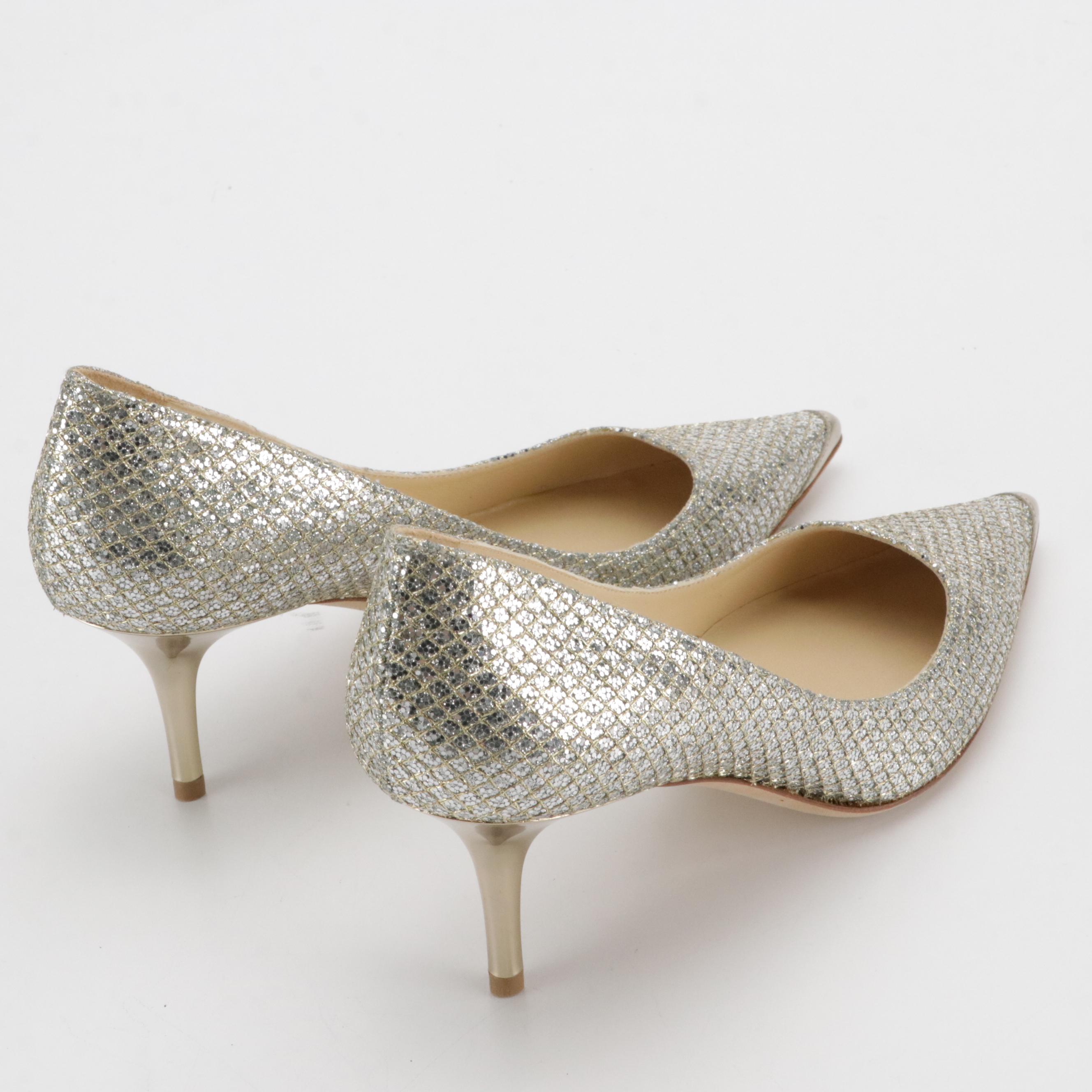 Jimmy Choo "Abel" Pointed-Toe Champagne Glitter Pumps in Box