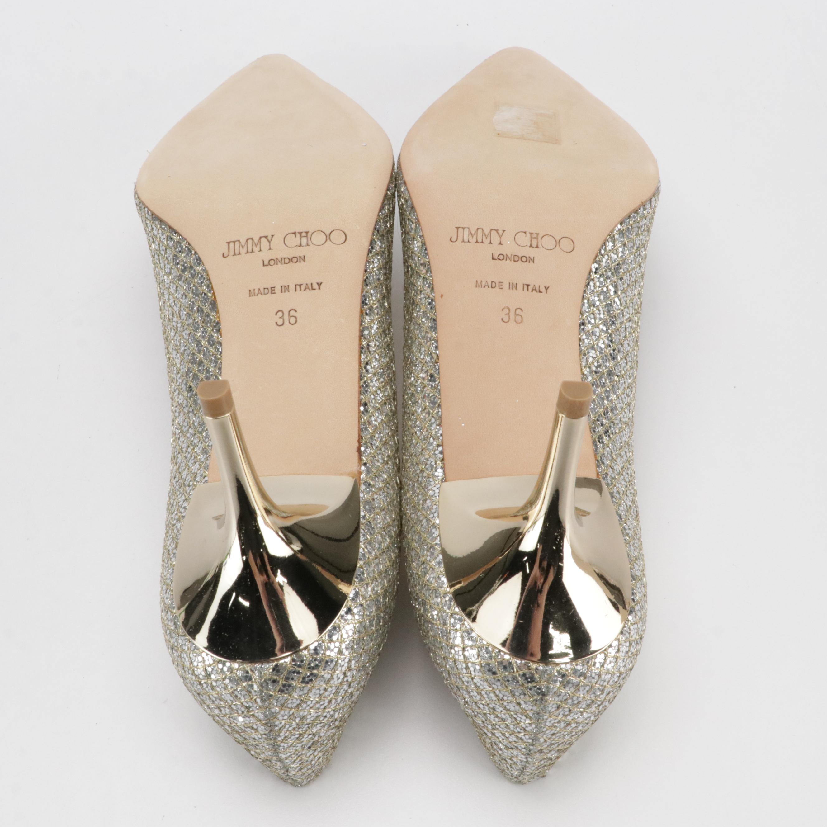 Jimmy Choo "Abel" Pointed-Toe Champagne Glitter Pumps in Box
