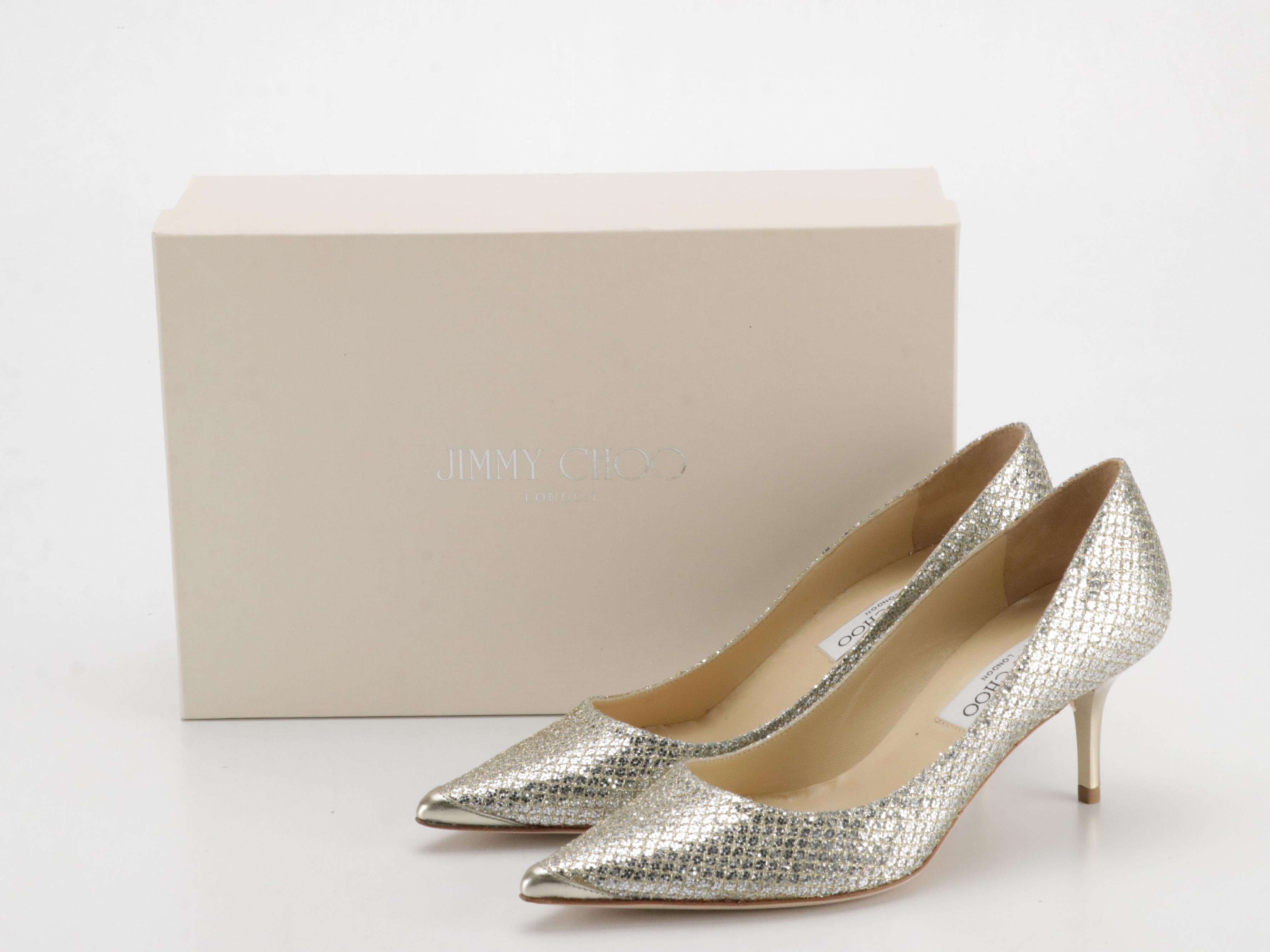 Jimmy Choo "Abel" Pointed-Toe Champagne Glitter Pumps in Box
