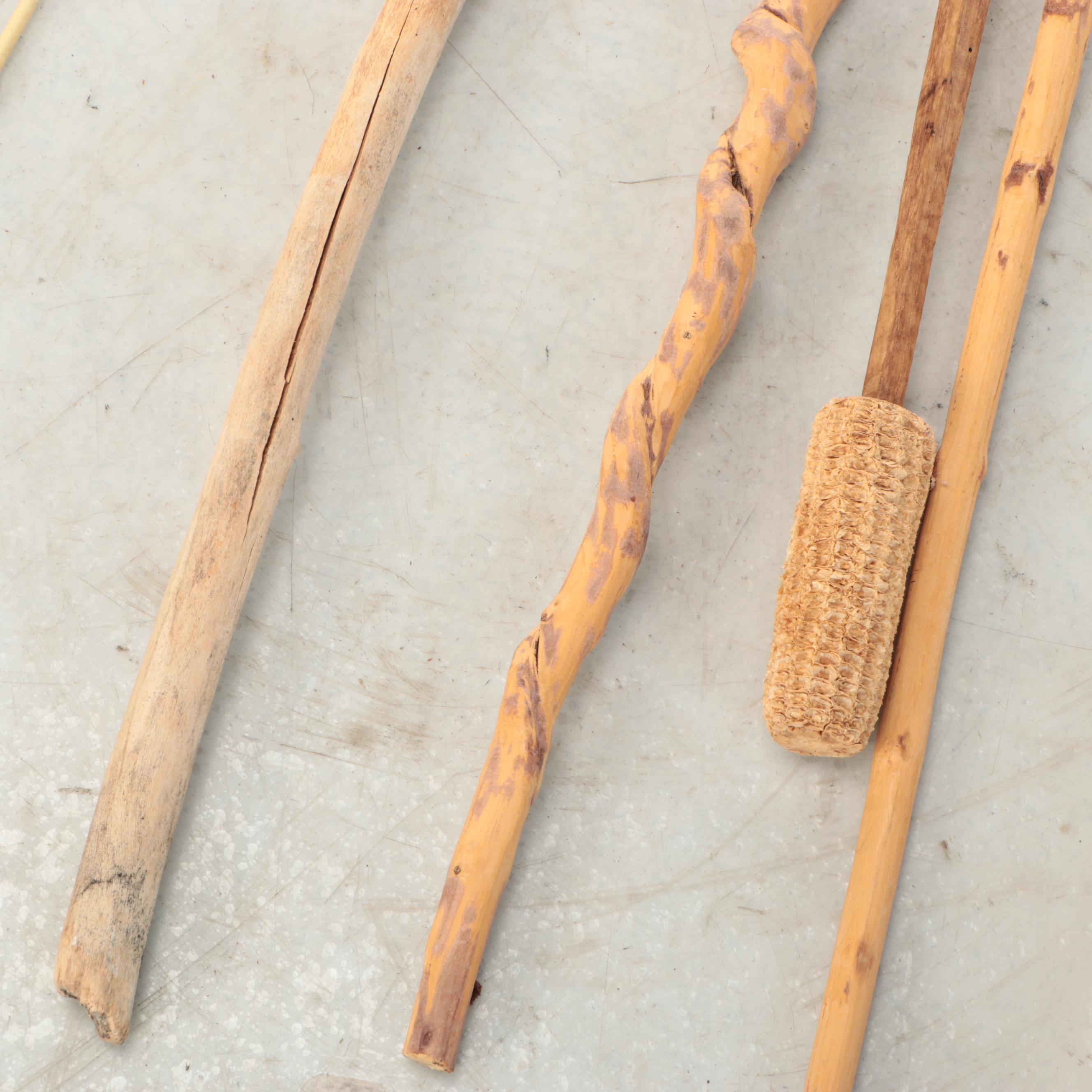 Carved Wooden Walking Sticks with Metal Handles