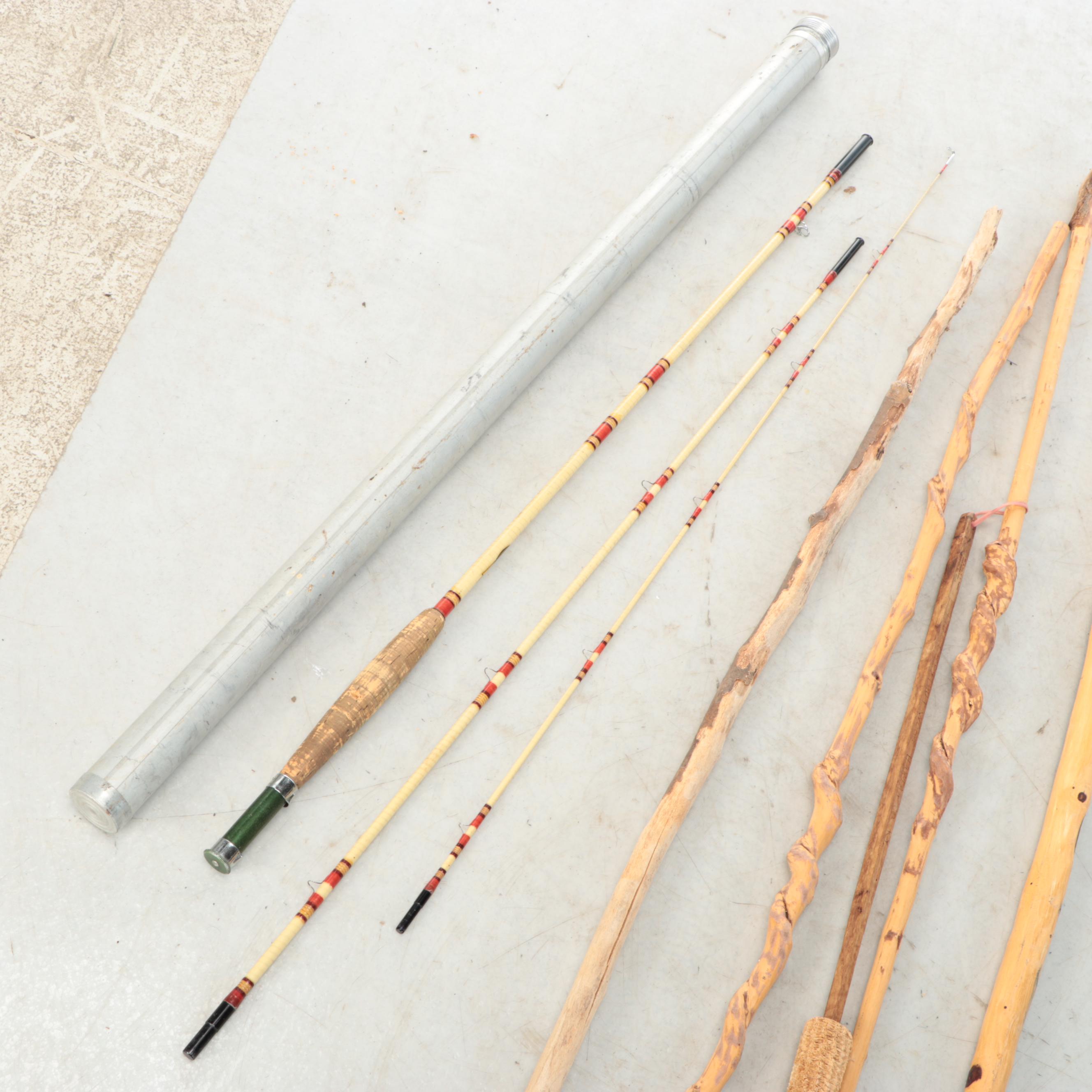 Carved Wooden Walking Sticks with Metal Handles