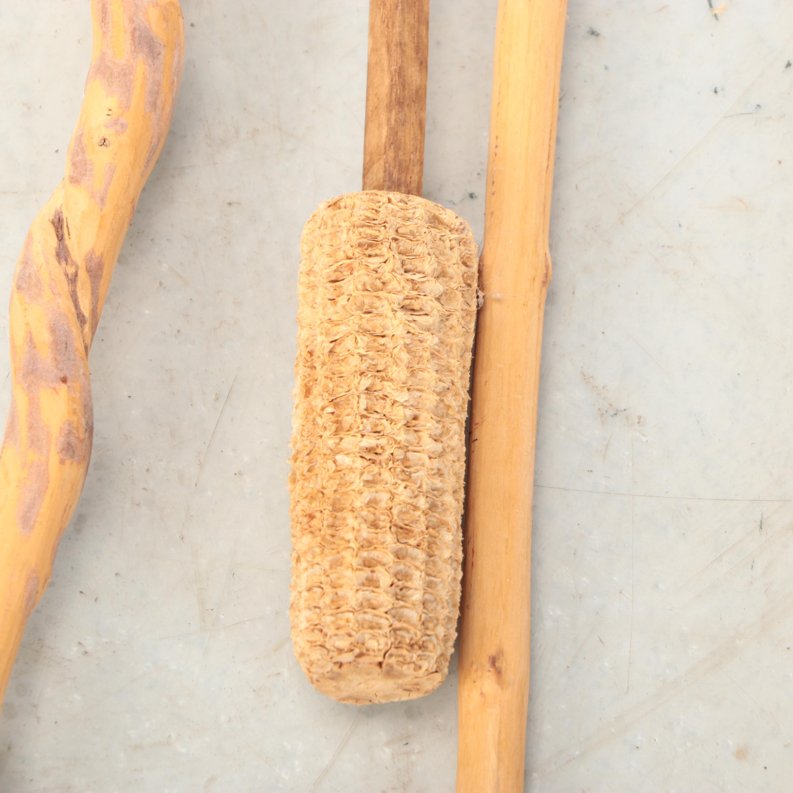 Carved Wooden Walking Sticks with Metal Handles