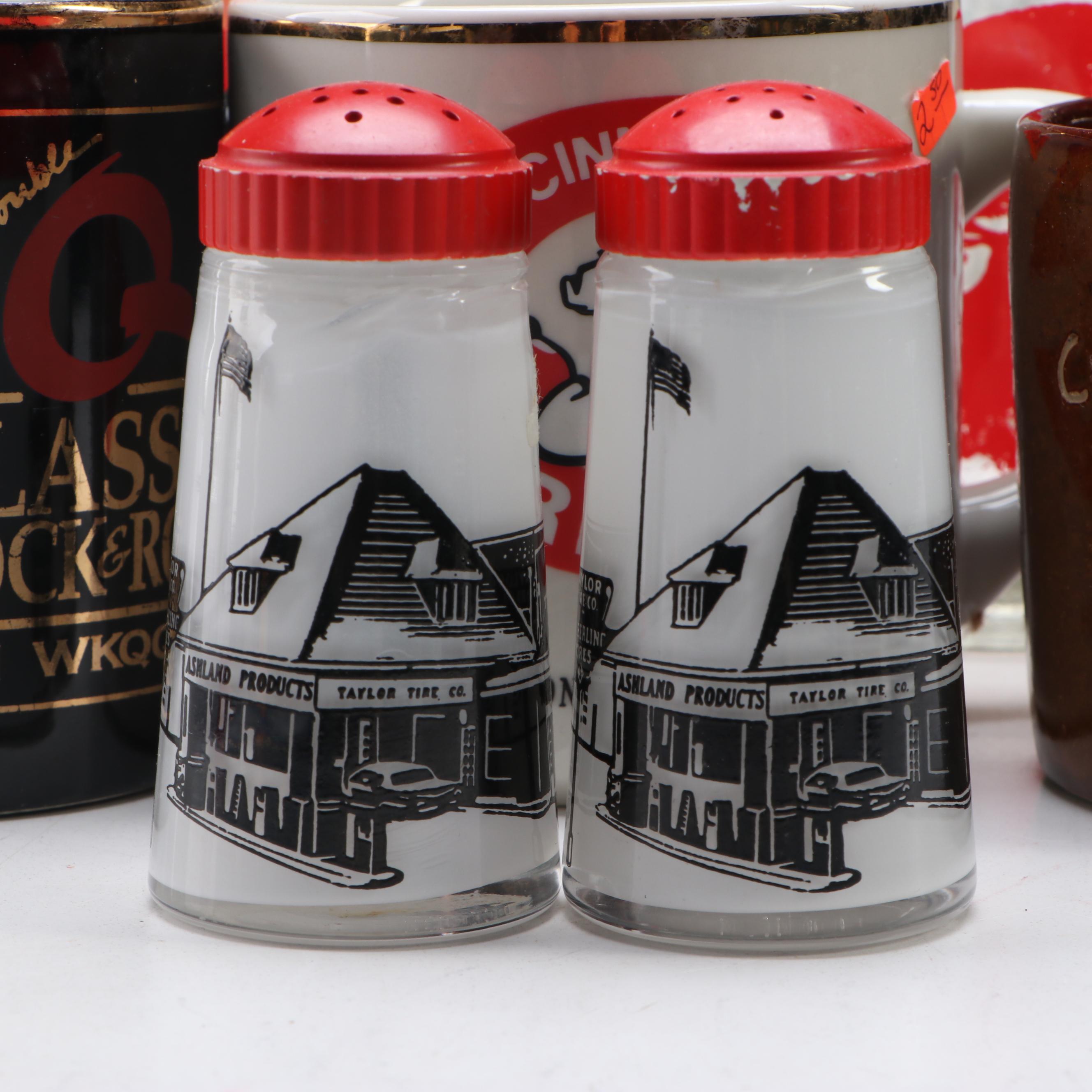 Assorted Souvenir Glasses, Mugs and Salt and Pepper Shaker Pair