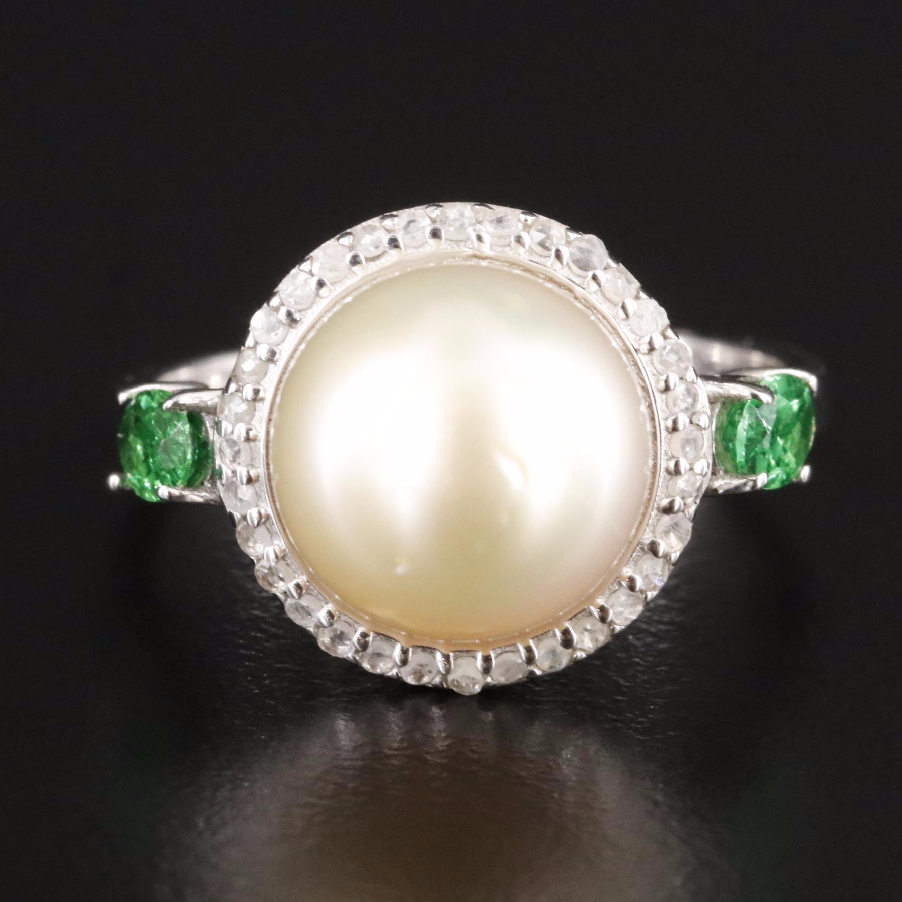 Sterling Pearl, Tsavorite, and Diamond Ring