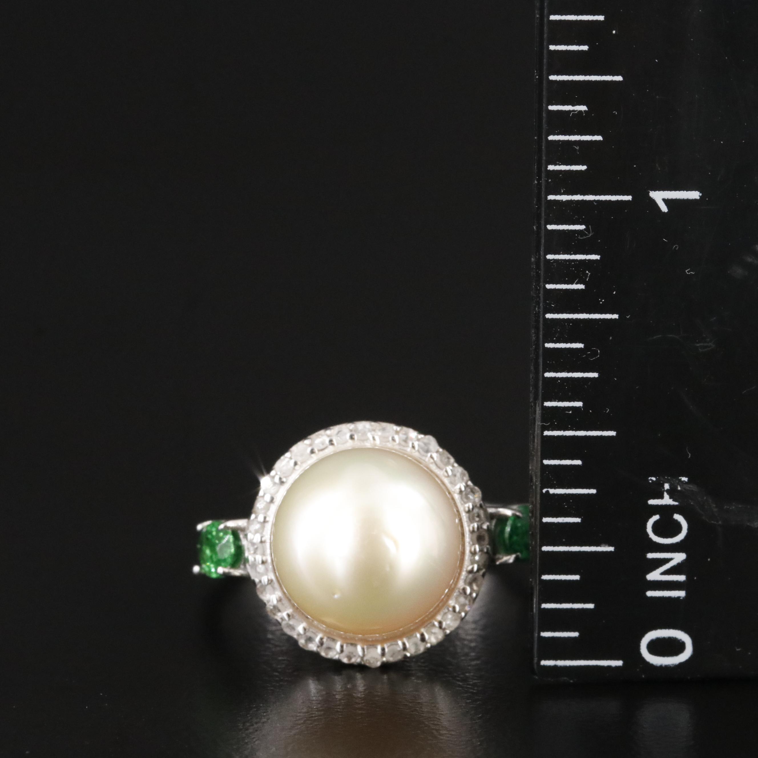 Sterling Pearl, Tsavorite, and Diamond Ring