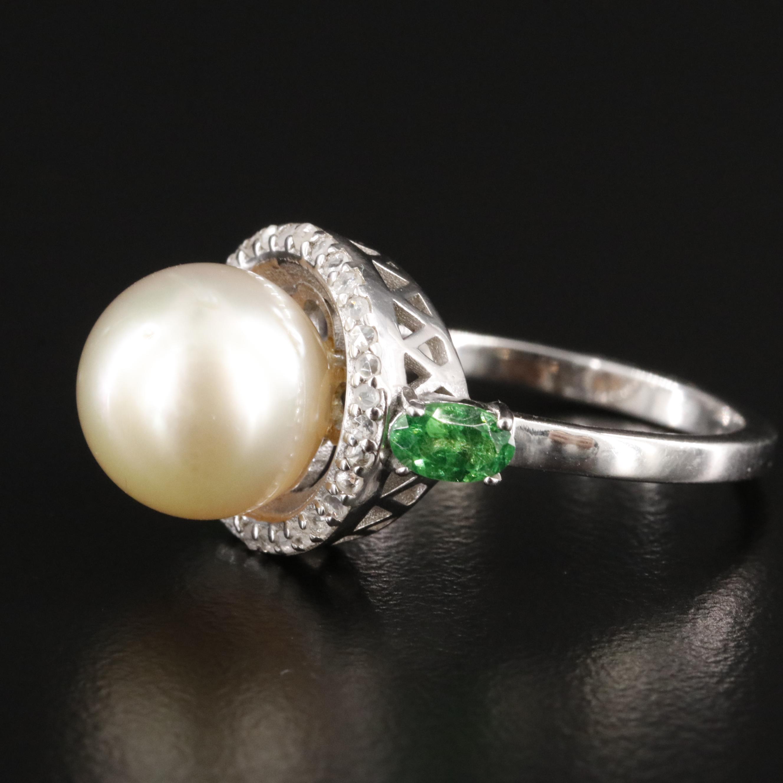 Sterling Pearl, Tsavorite, and Diamond Ring