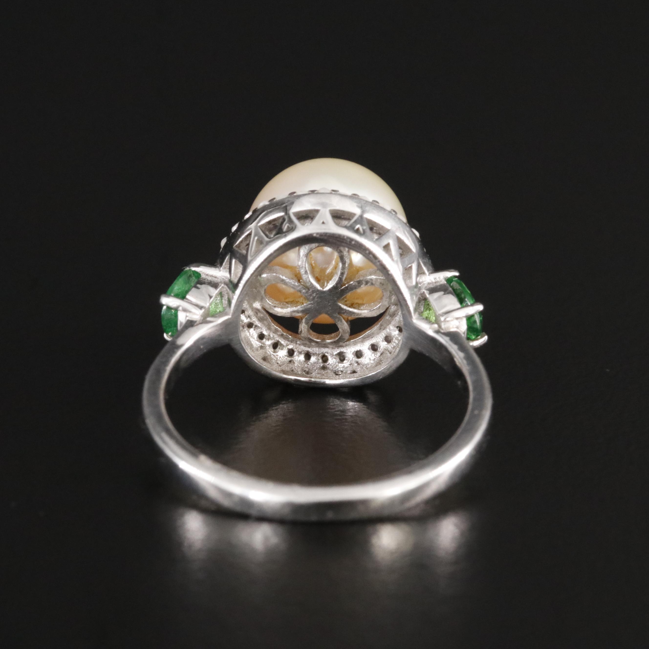 Sterling Pearl, Tsavorite, and Diamond Ring