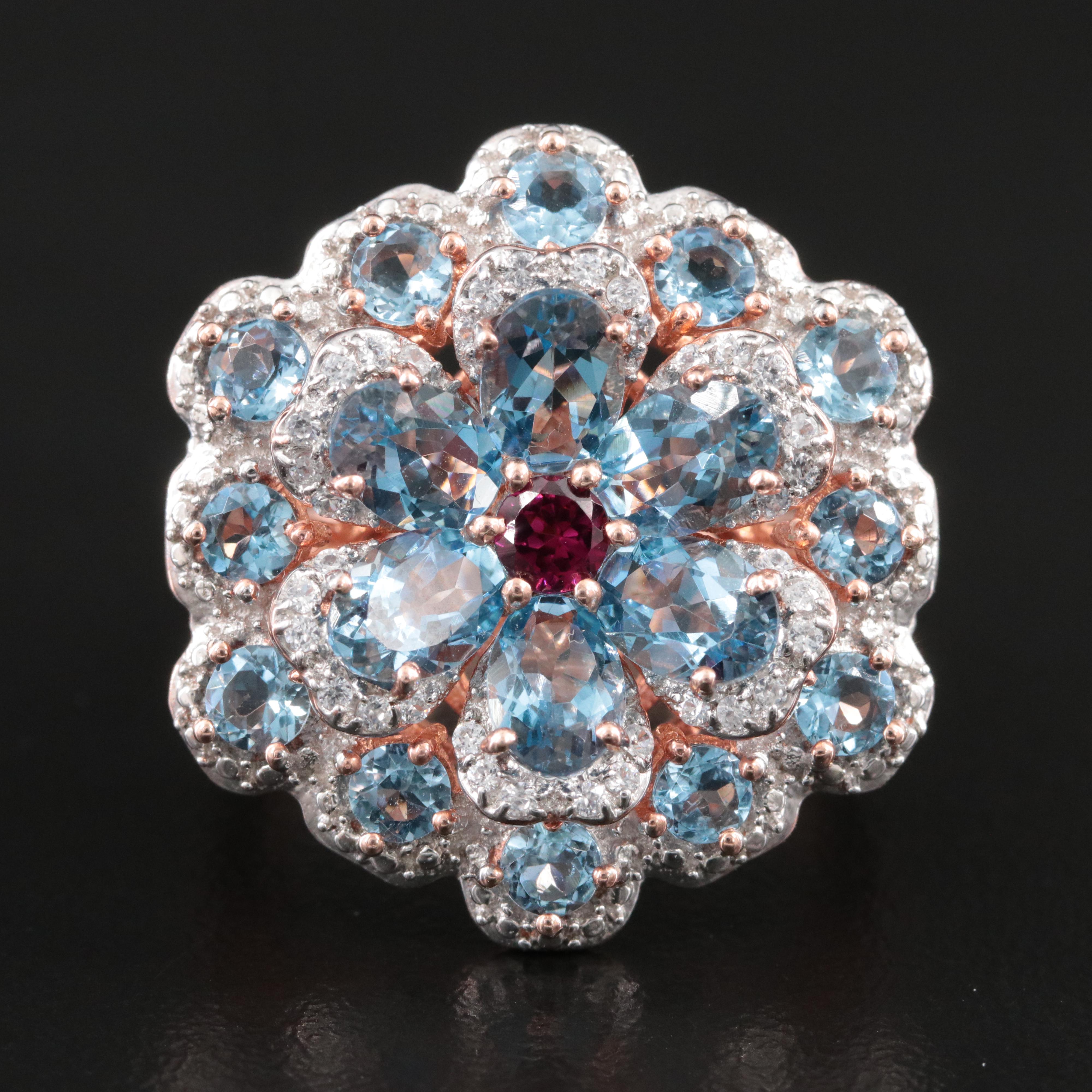 Sterling Aquamarine, Garnet and White Topaz Flower Ring