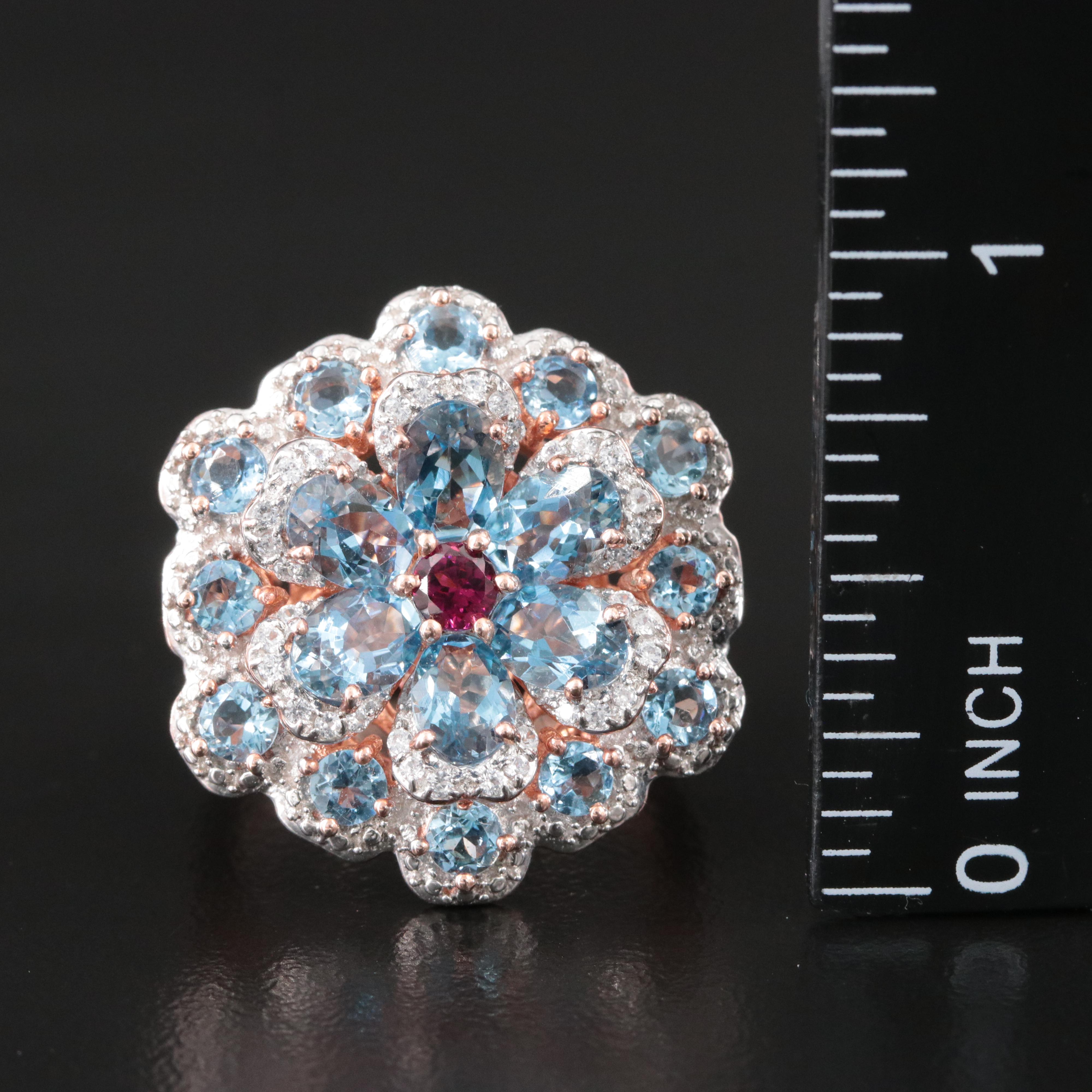 Sterling Aquamarine, Garnet and White Topaz Flower Ring
