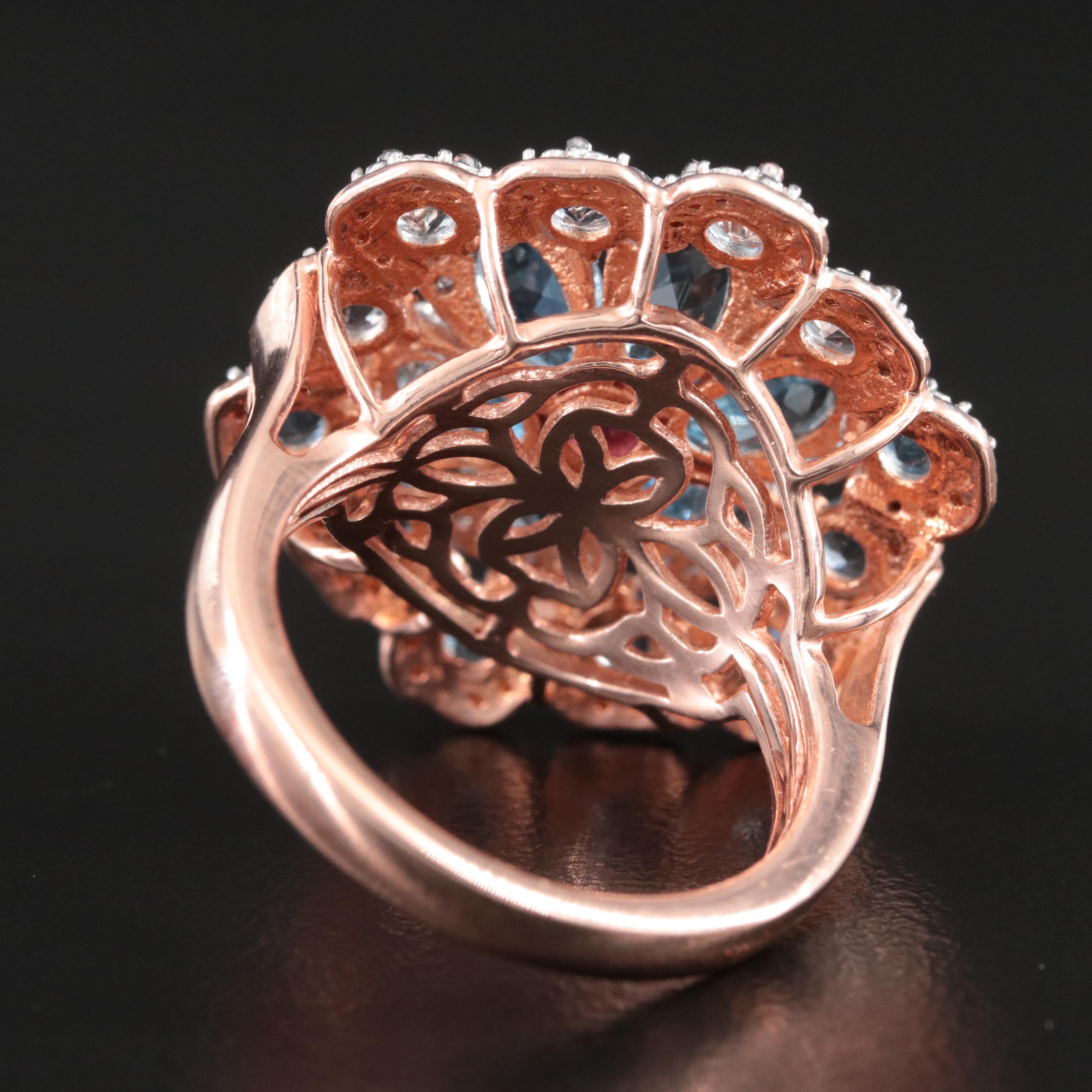 Sterling Aquamarine, Garnet and White Topaz Flower Ring